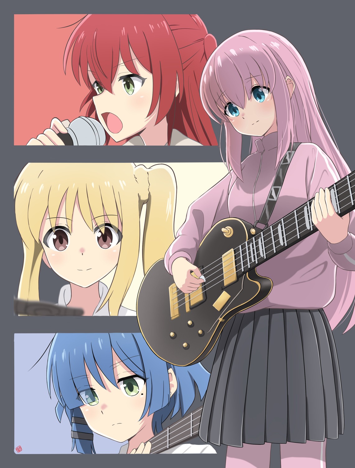 bocchi_the_rock!, gotou_hitori, guitar, gym_uniform, ijichi_nijika, kita_ikuyo, naosuke, seifuku, yamada_ryou