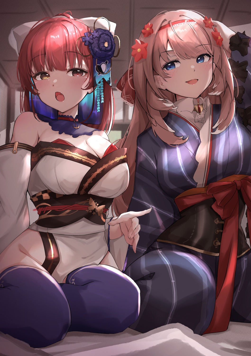 cleavage, heterochromia, hololive, houshou_marine, japanese_clothes, takane_lui, tetora_teapot, thighhighs, yukata