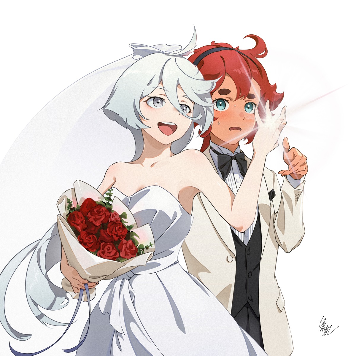 crossdress, dress, gundam, gundam_suisei_no_majo, mian_li, miorine_rembran, no_bra, suletta_mercury, wedding_dress, yuri