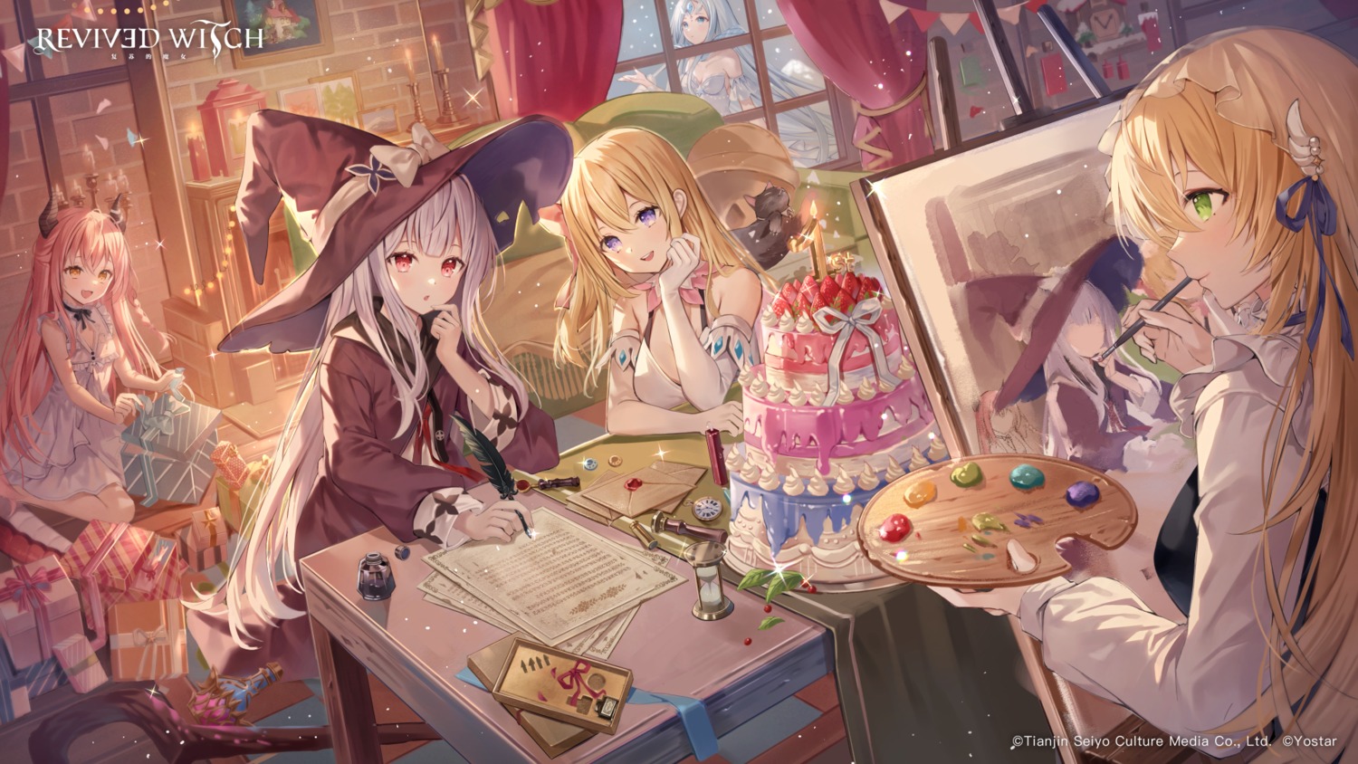 auro_drm, cleavage, dress, horns, no_bra, revived_witch, wallpaper, witch