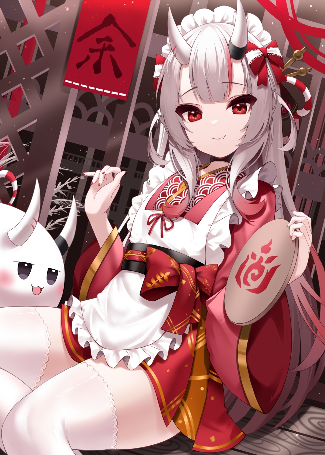 hololive, horns, maid, nakiri_ayame, poyoyo_(nakiri_ayame), roina, thighhighs, wa_maid