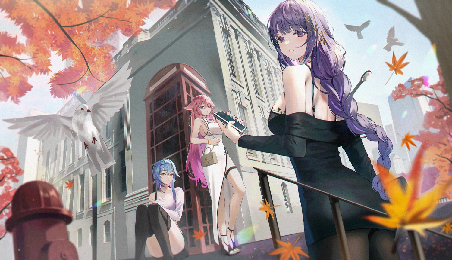 dress, eula, garter, genshin_impact, hyonee, pantyhose, raiden_shogun, thighhighs
