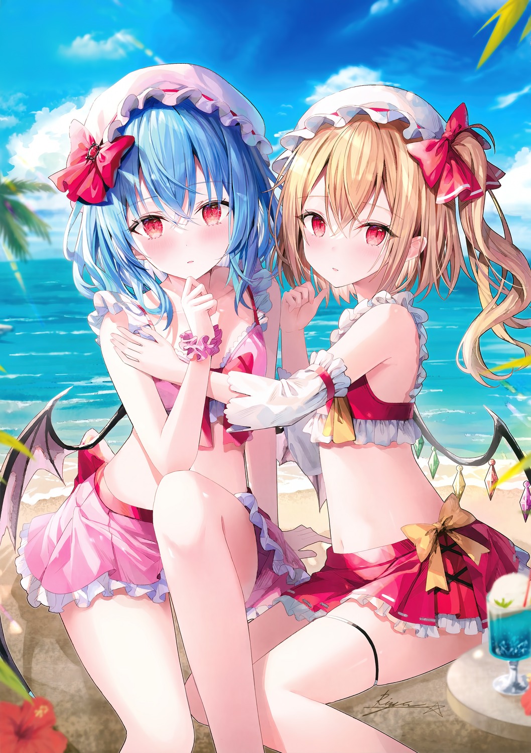 bikini, flandre_scarlet, garter, remilia_scarlet, rin_yuu, swimsuits, touhou, wings