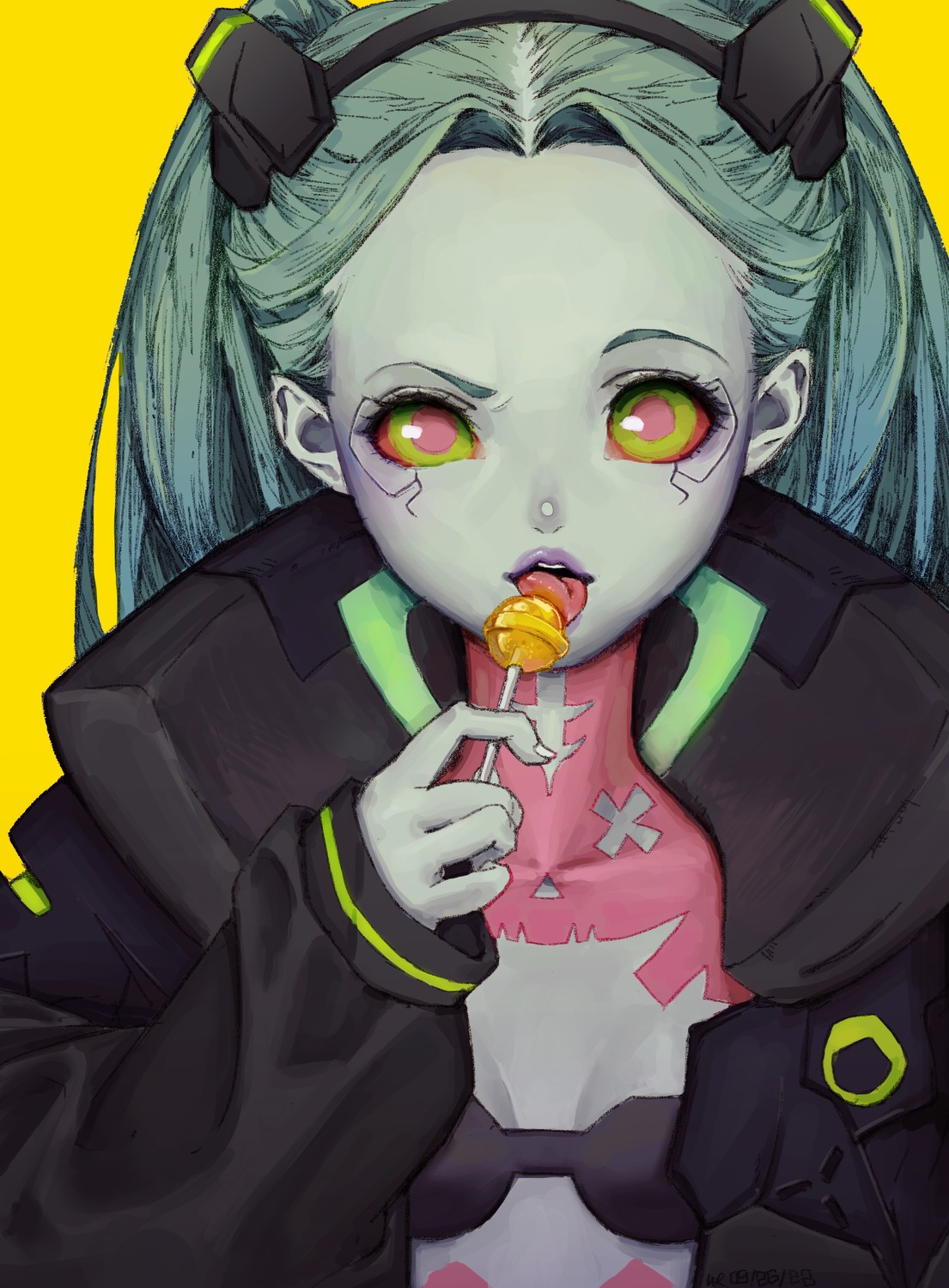 bra, cyberpunk:_edgerunners, cyberpunk_2077, mecha_musume, open_shirt, rebecca_(cyberpunk), tattoo, ws