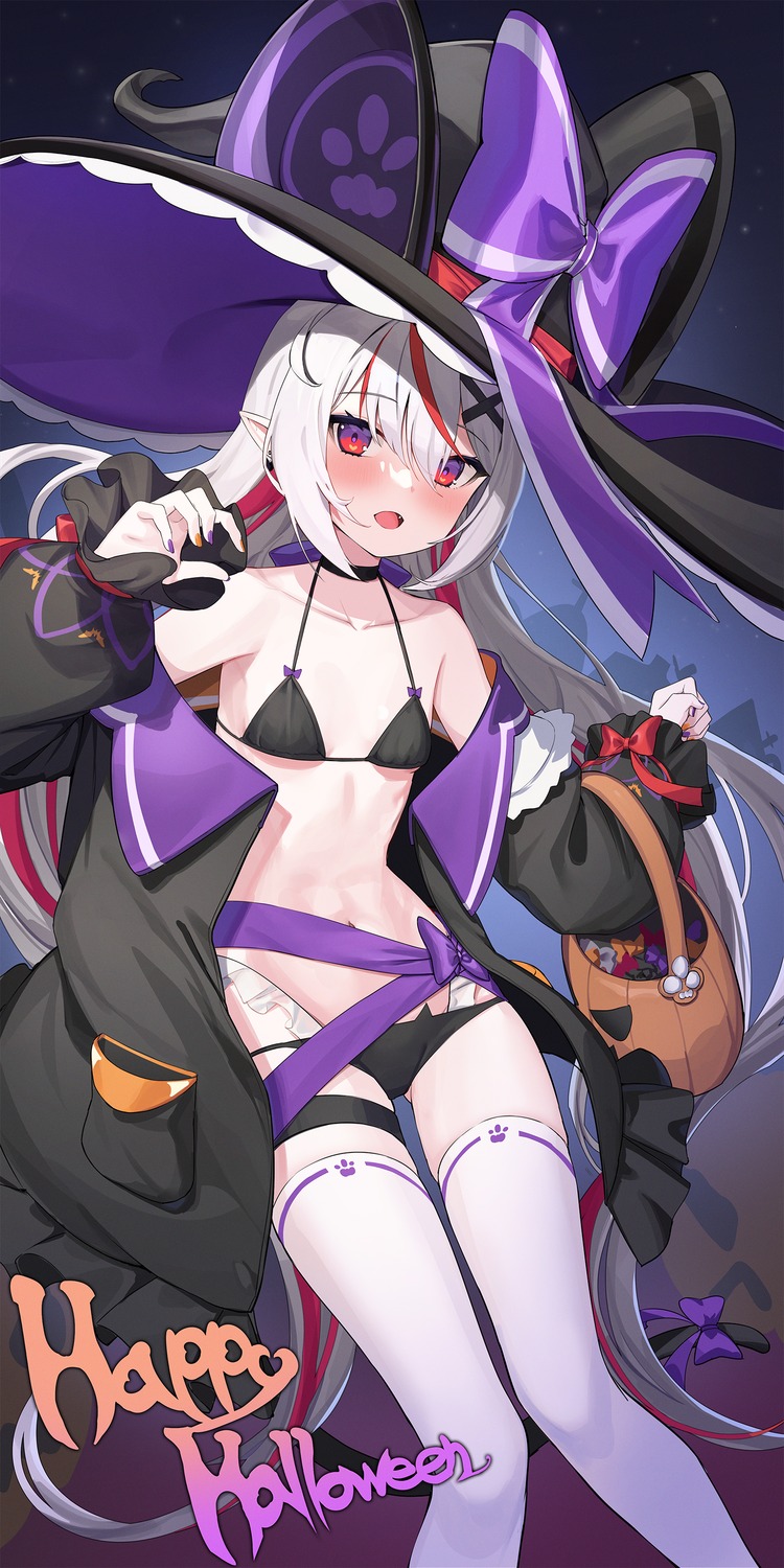 animal_ears, bikini, garter, halloween, ohihil, open_shirt, pointy_ears, swimsuits