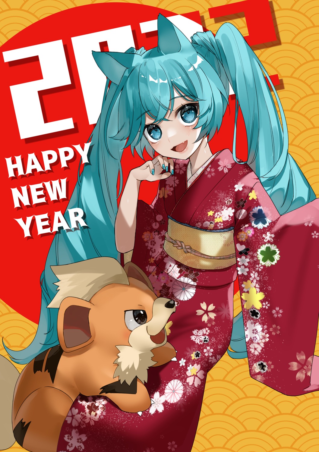 animal_ears, crossover, growlithe, hatsune_miku, kimono, pokemon, reirou_(chokoonnpu), vocaloid