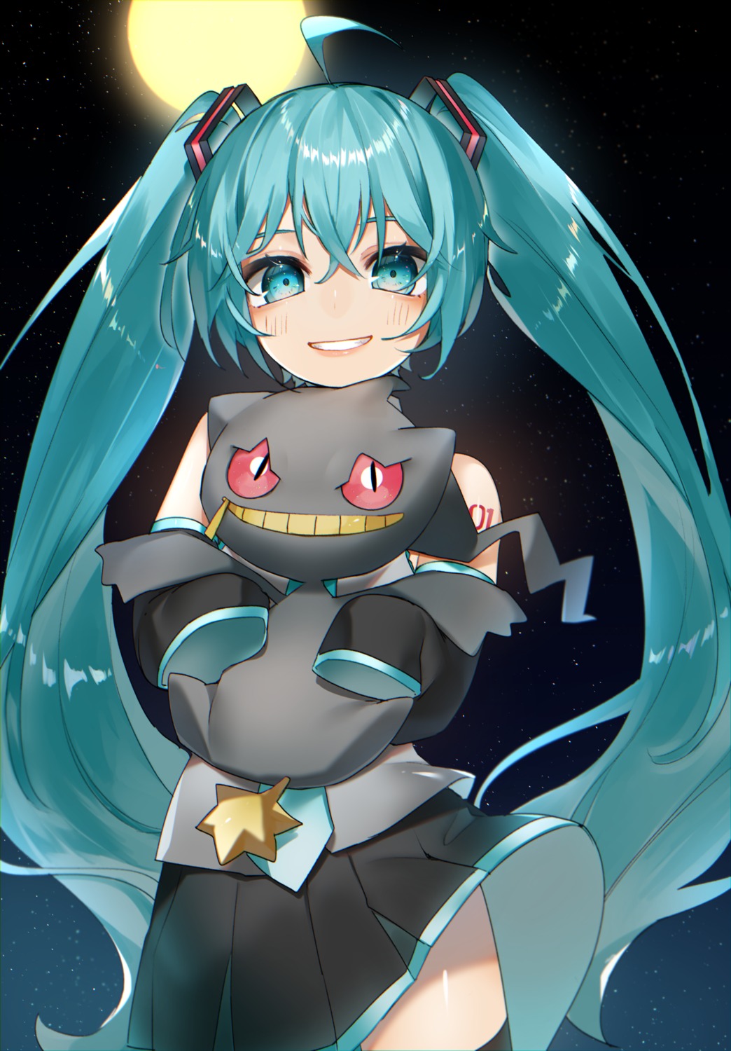 banette, crossover, hatsune_miku, pokemon, reirou_(chokoonnpu), skirt_lift, tattoo, thighhighs