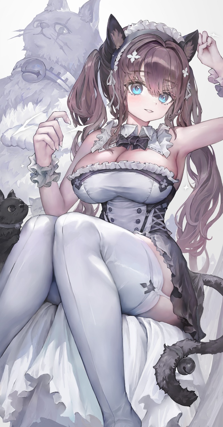 animal_ears, cleavage, maid, neko, nekomimi, stockings, tail, thighhighs, voruvoru
