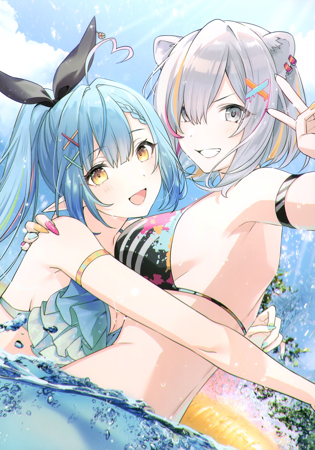 animal_ears, bikini_top, bunny_ears, elf, hololive, milk_lamp, pointy_ears, shishiro_botan, swimsuits, tomari, wet, yukihana_lamy