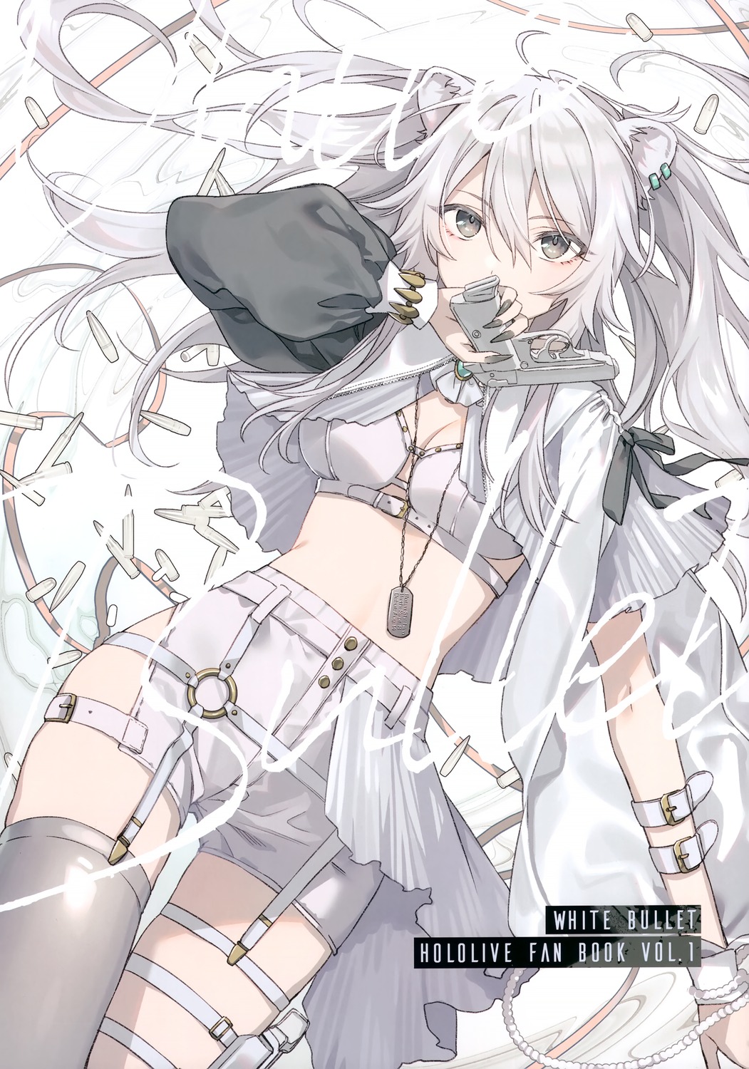 animal_ears, bra, cleavage, garter, gun, hololive, milk_lamp, shishiro_botan