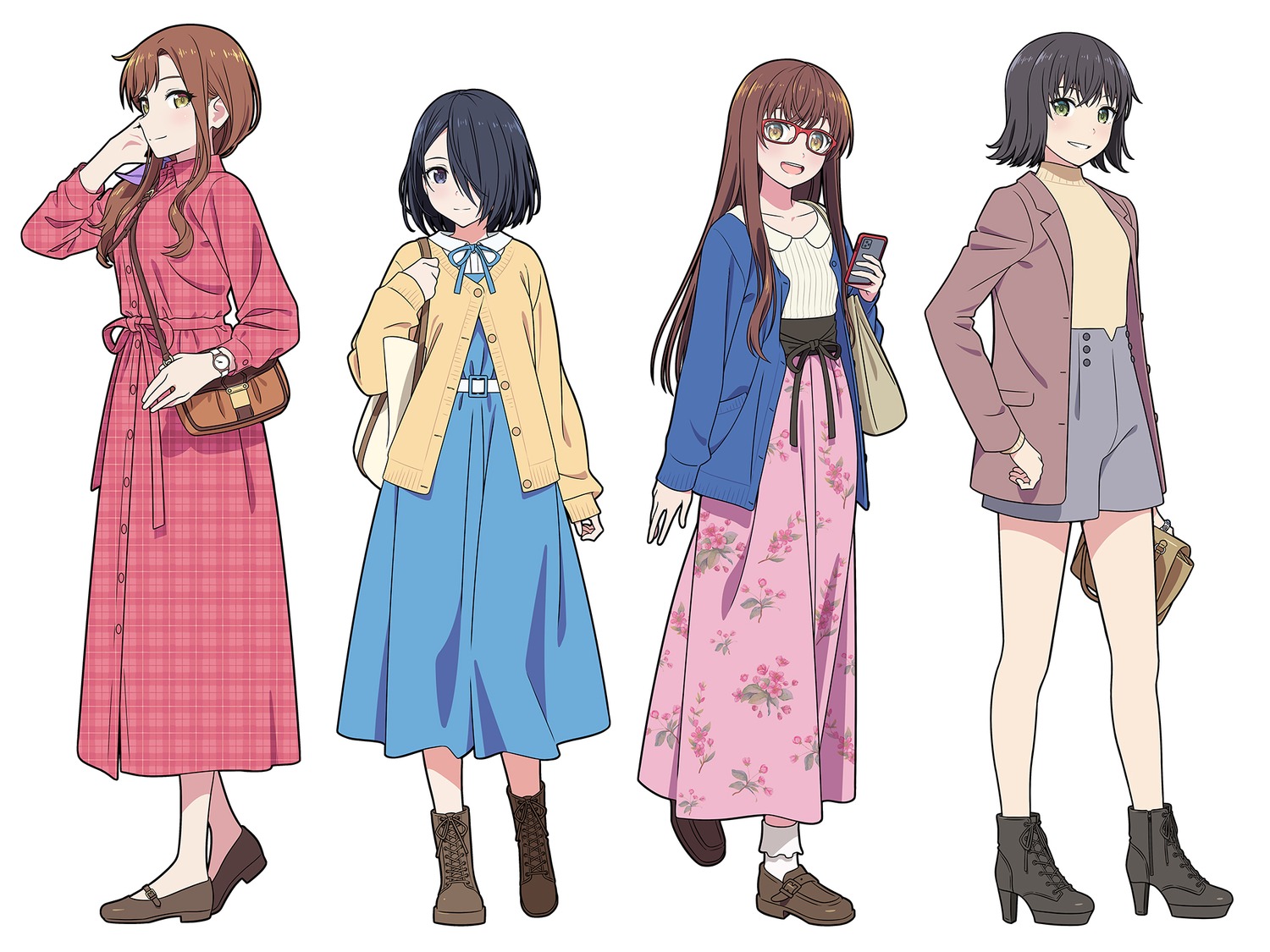 dress, heels, hinata_nao_(iwamotocho), iwamotocho_geinosha, megane, natsume_haru, shirafuji_tamaki, suzuki_anzu