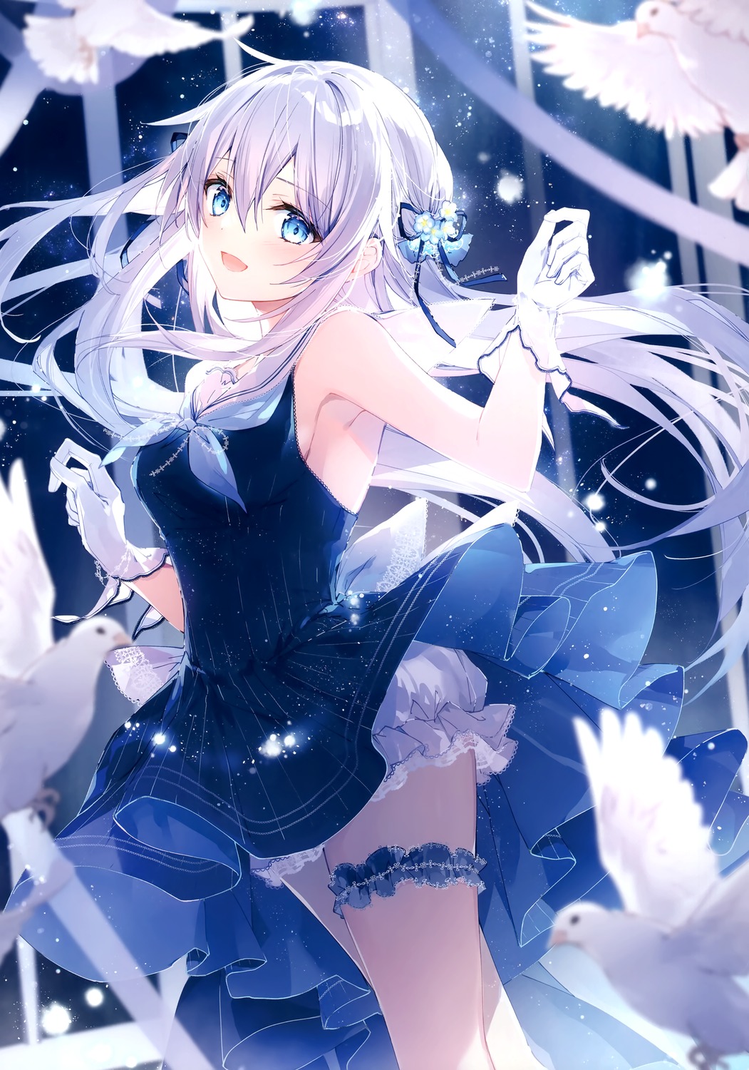 bloomers, dress, emori_miku_project, garter, haru_mochi, mochizuki_shiina, skirt_lift