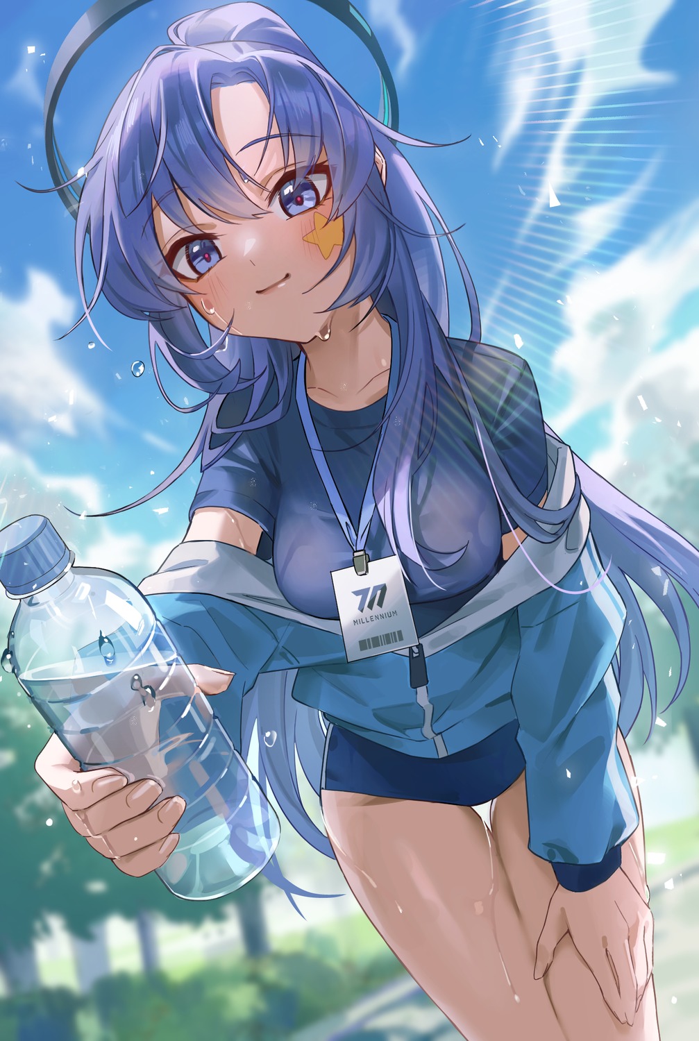 blue_archive, buruma, gym_uniform, halo, hayase_yuuka, jyuma, tattoo, wet