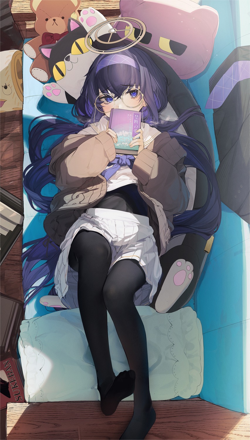 blue_archive, dakimakura, halo, hiiragi_mikoto, kozeki_ui, megane, pantyhose, seifuku, sweater
