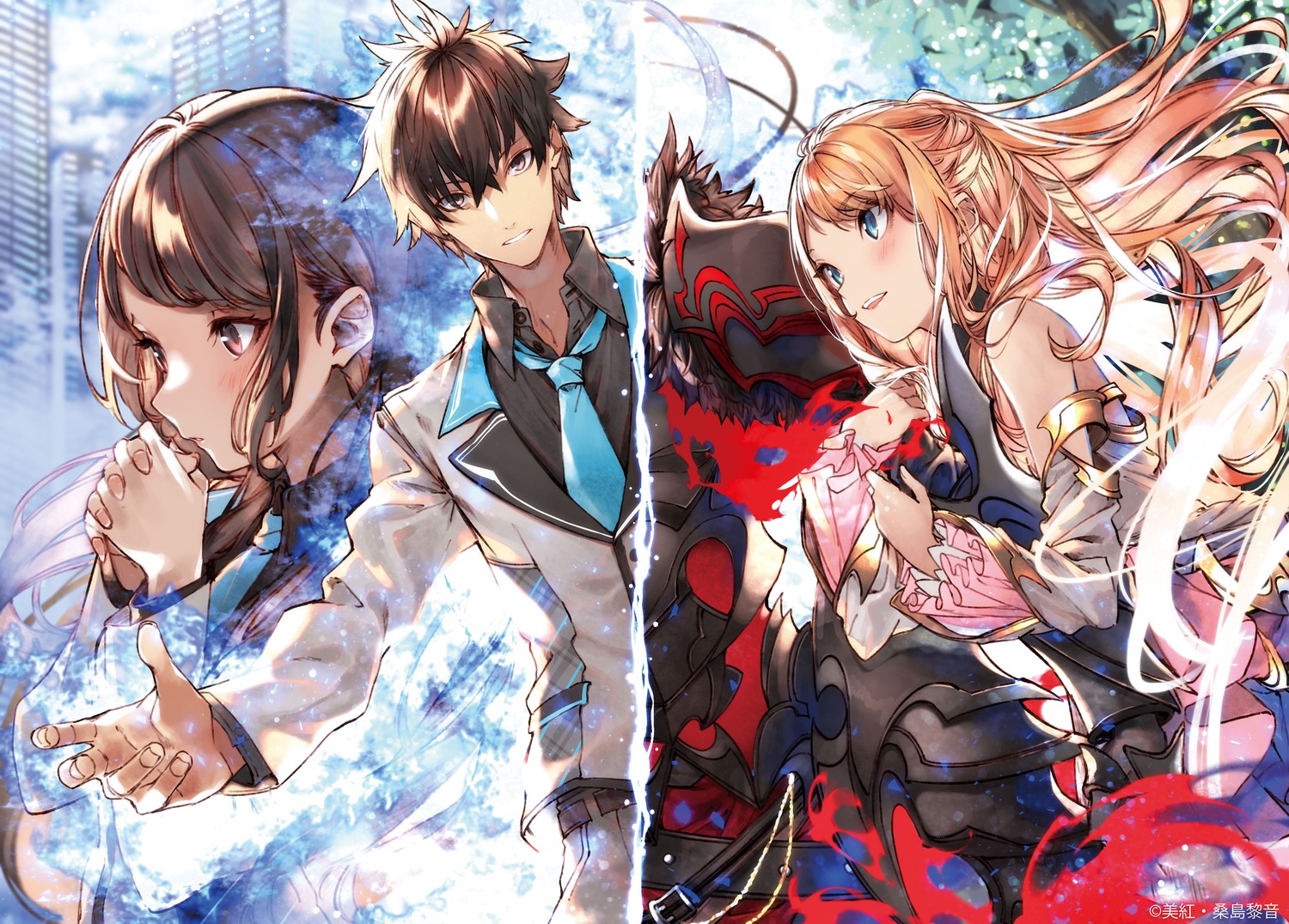 armor, houjou_kaori, isekai_de_cheat_skill_wo_te_ni_shita_ore_wa_genjitsu_sekai_wo_mo_musou_suru, kuwashima_rein, lexia_von_alceria, seifuku, sweater, tenjou_yuuya