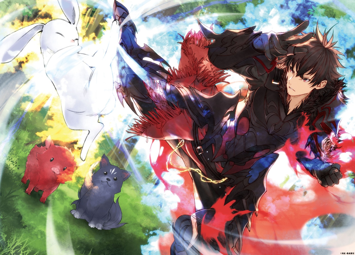 akatsuki_(iseleve), armor, isekai_de_cheat_skill_wo_te_ni_shita_ore_wa_genjitsu_sekai_wo_mo_musou_suru, kuwashima_rein, male, night_(iseleve), tenjou_yuuya, usagi_(iseleve)