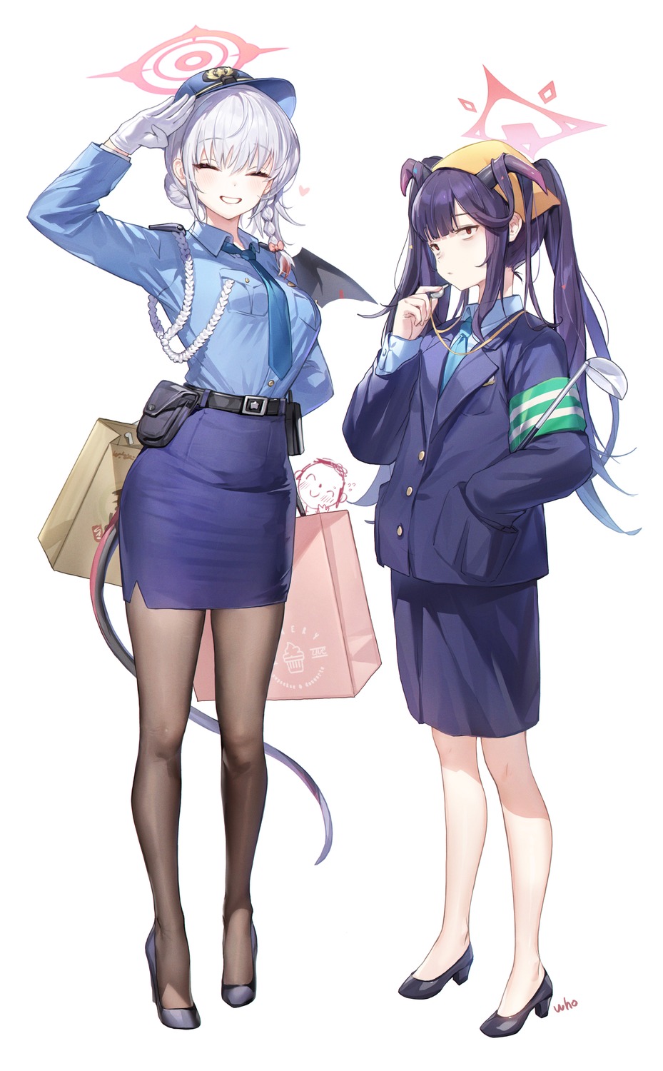 aikiyo_fuuka, blue_archive, devil, halo, heels, horns, kurodate_haruna, pantyhose, police_uniform, tail, whoisshe, wings