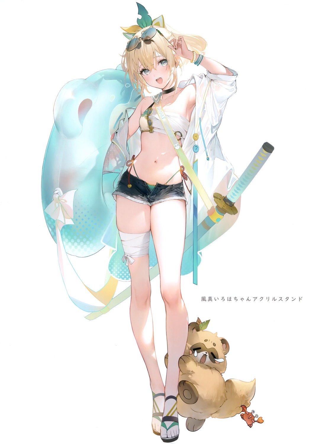 bandages, bikini, hololive, kazama_iroha, kinniku_poyopoyo, megane, open_shirt, sarashi, swimsuits, sword, umibouzu