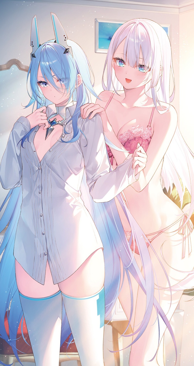 bra, dress_shirt, no_bra, pantsu, riselia_ray_crystalia, schwertileite_terminate, seiken_gakuin_no_maken_tsukai, string_panties, thighhighs, toosaka_asagi