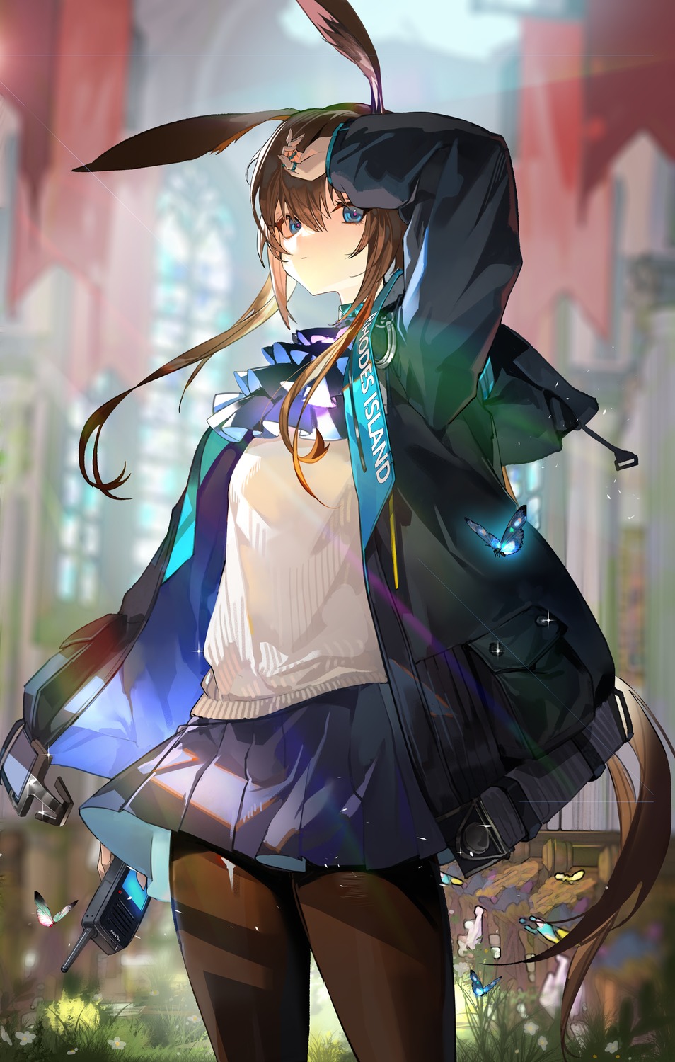 amiya_(arknights), animal_ears, arknights, bijian_de_linghun, bunny_ears, pantyhose, skirt_lift, sweater
