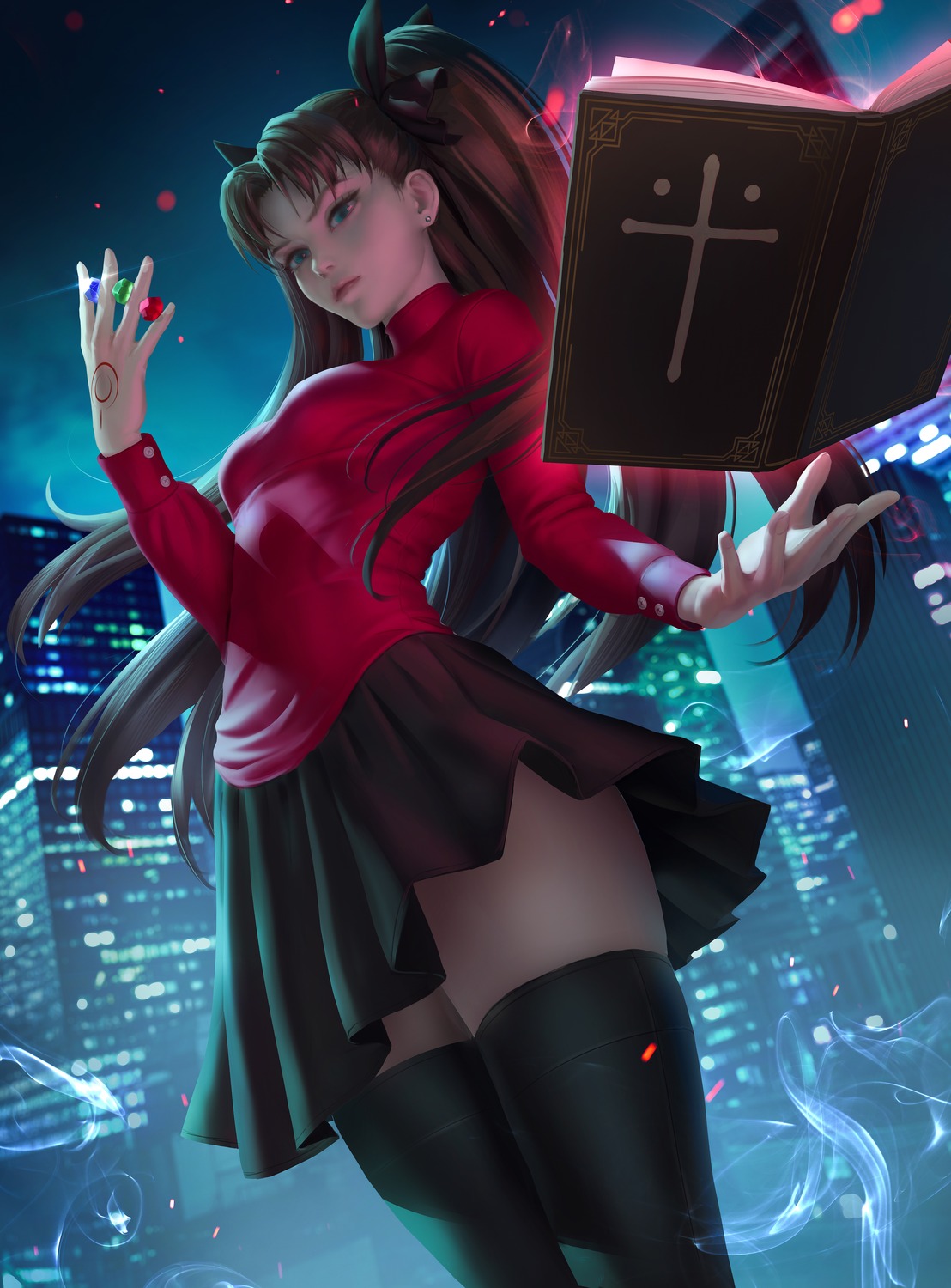 fate/stay_night, tattoo, thighhighs, toosaka_rin, zarory