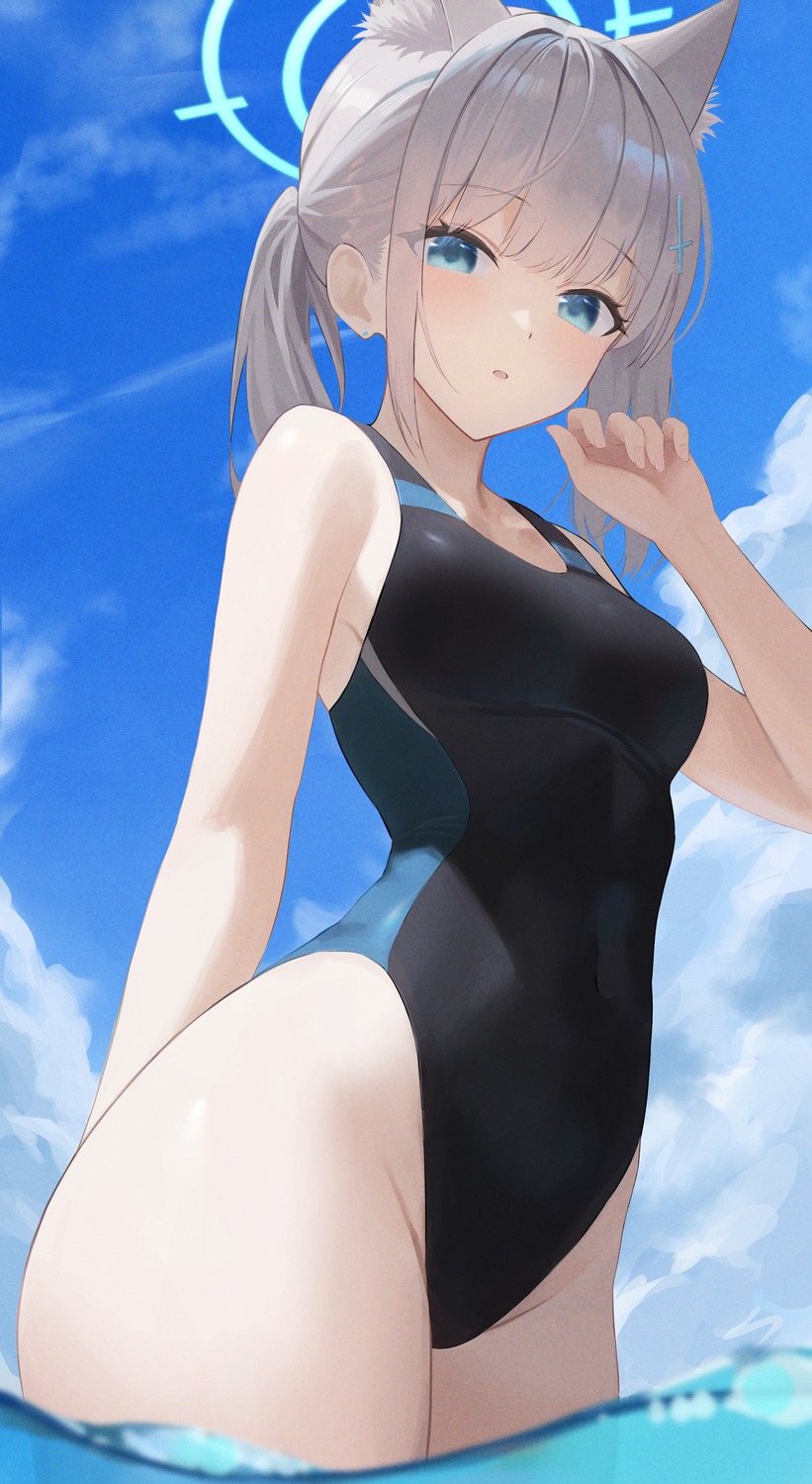 animal_ears, blue_archive, halo, hiroserii, nekomimi, sunaookami_shiroko, swimsuits, wet