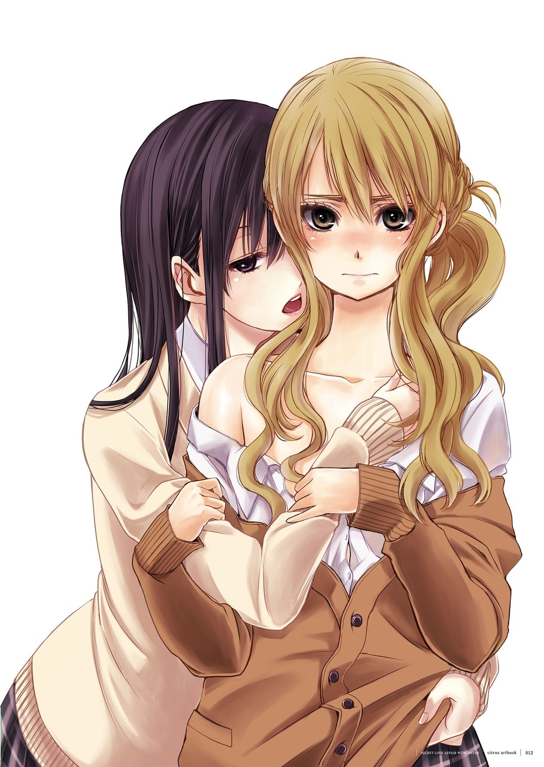 aihara_mei, aihara_yuzu_(citrus), citrus_(manga), no_bra, saburouta, seifuku, sweater, undressing