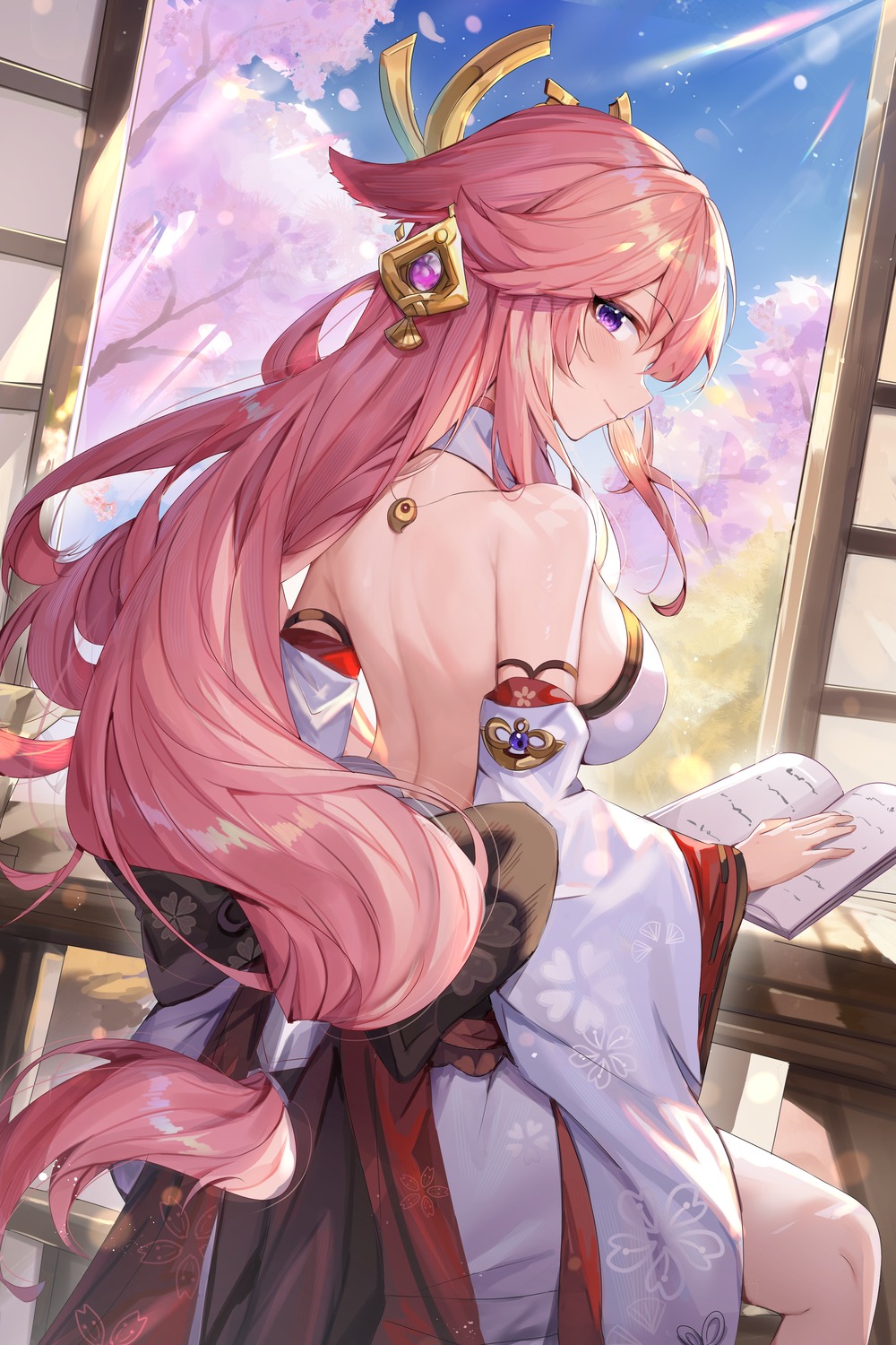 animal_ears, genshin_impact, japanese_clothes, kitsune, no_bra, shanguier, yae_miko