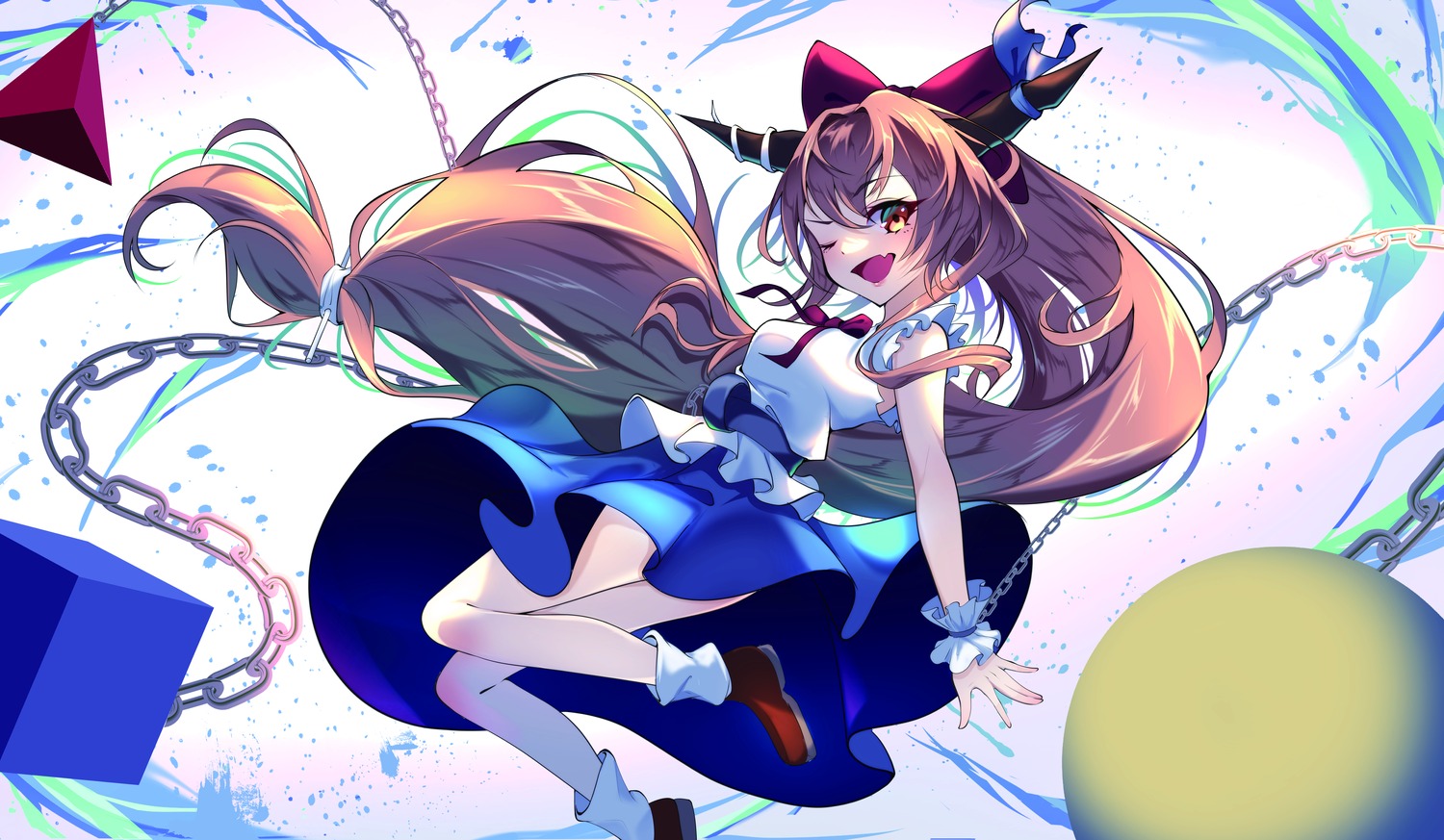horns, ibuki_suika, skirt_lift, touhou, yamanakaume