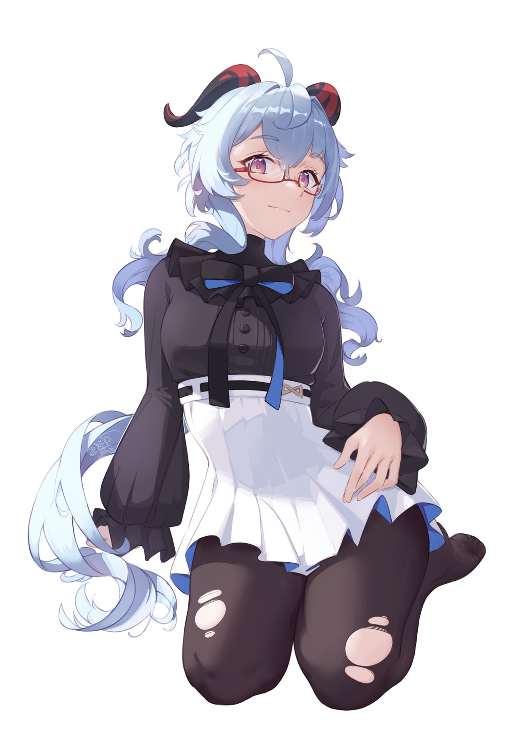 cqc_no_hashi_neko, ganyu, genshin_impact, horns, megane, pantyhose, torn_clothes