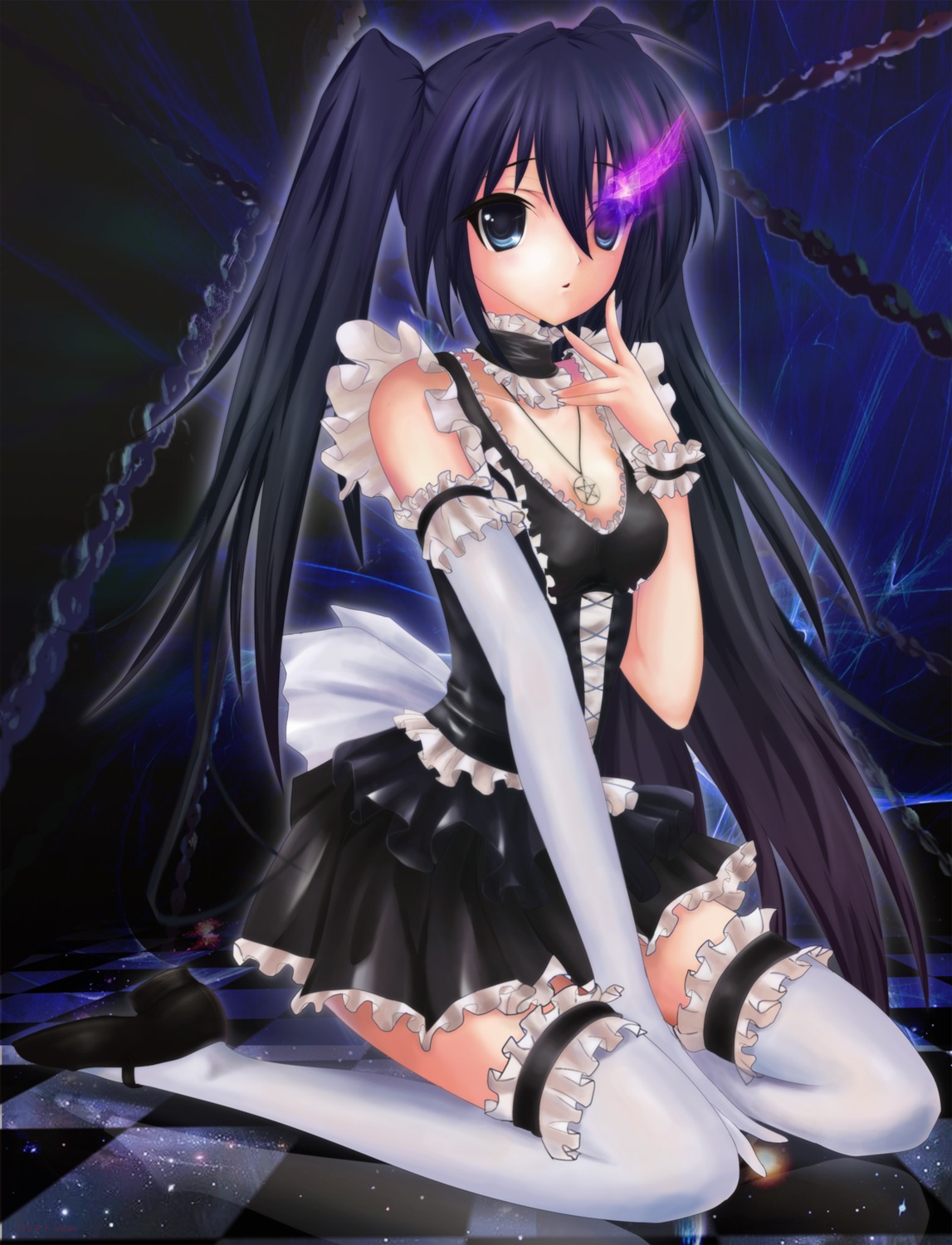 black_rock_shooter, black_rock_shooter_(character), dress, garter, gothic_lolita, insane_black_rock_shooter, lolita_fashion, maid, thighhighs, ushas, vocaloid
