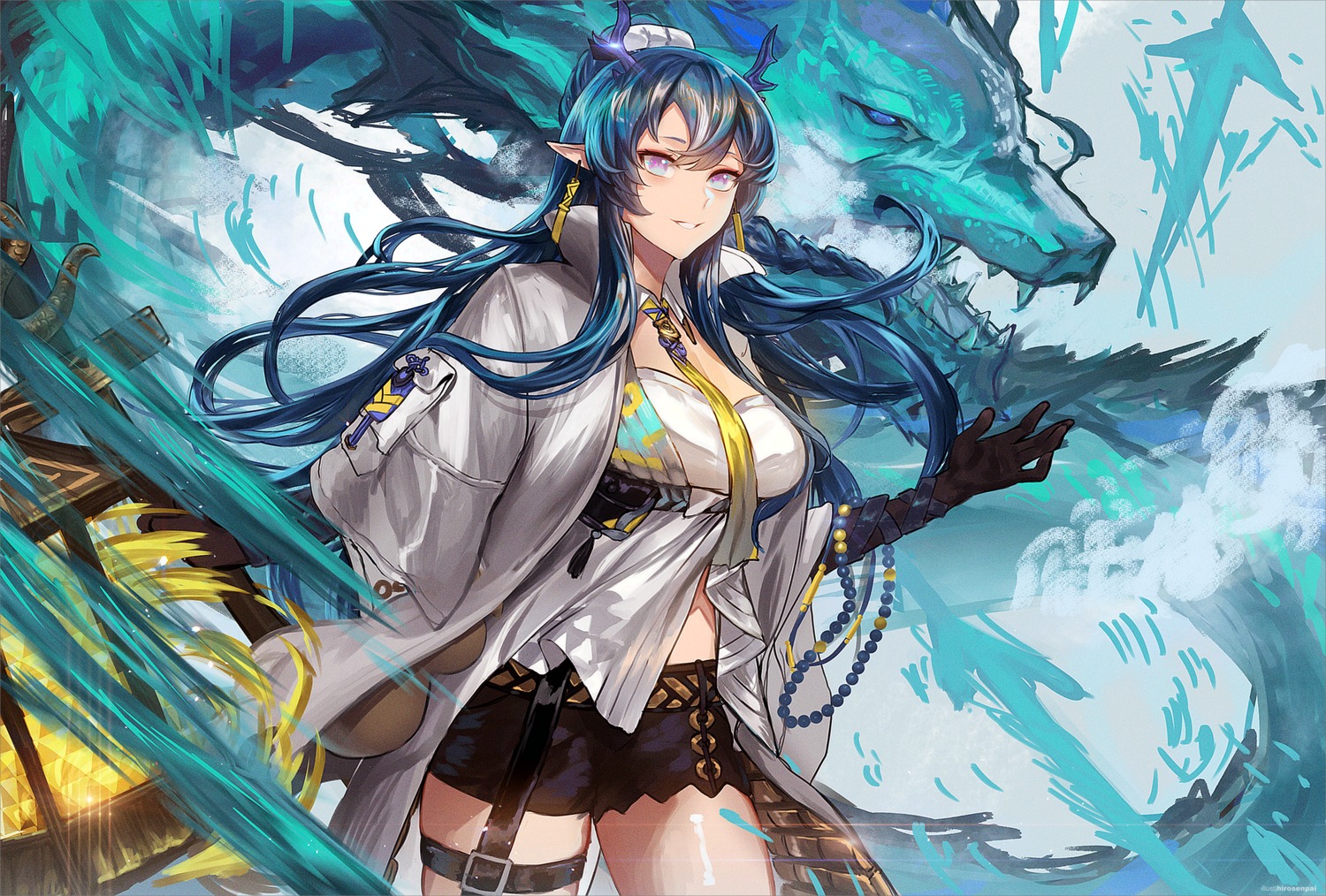 adamosina, arknights, garter, horns, ling_(arknights), pointy_ears
