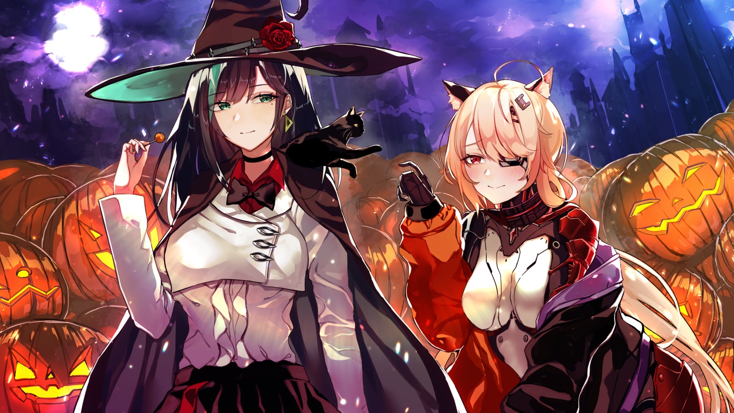 animal_ears, bodysuit, eyepatch, halloween, lin_(tower_of_fantasy), neko, nekomimi, nemesis_(tower_of_fantasy)