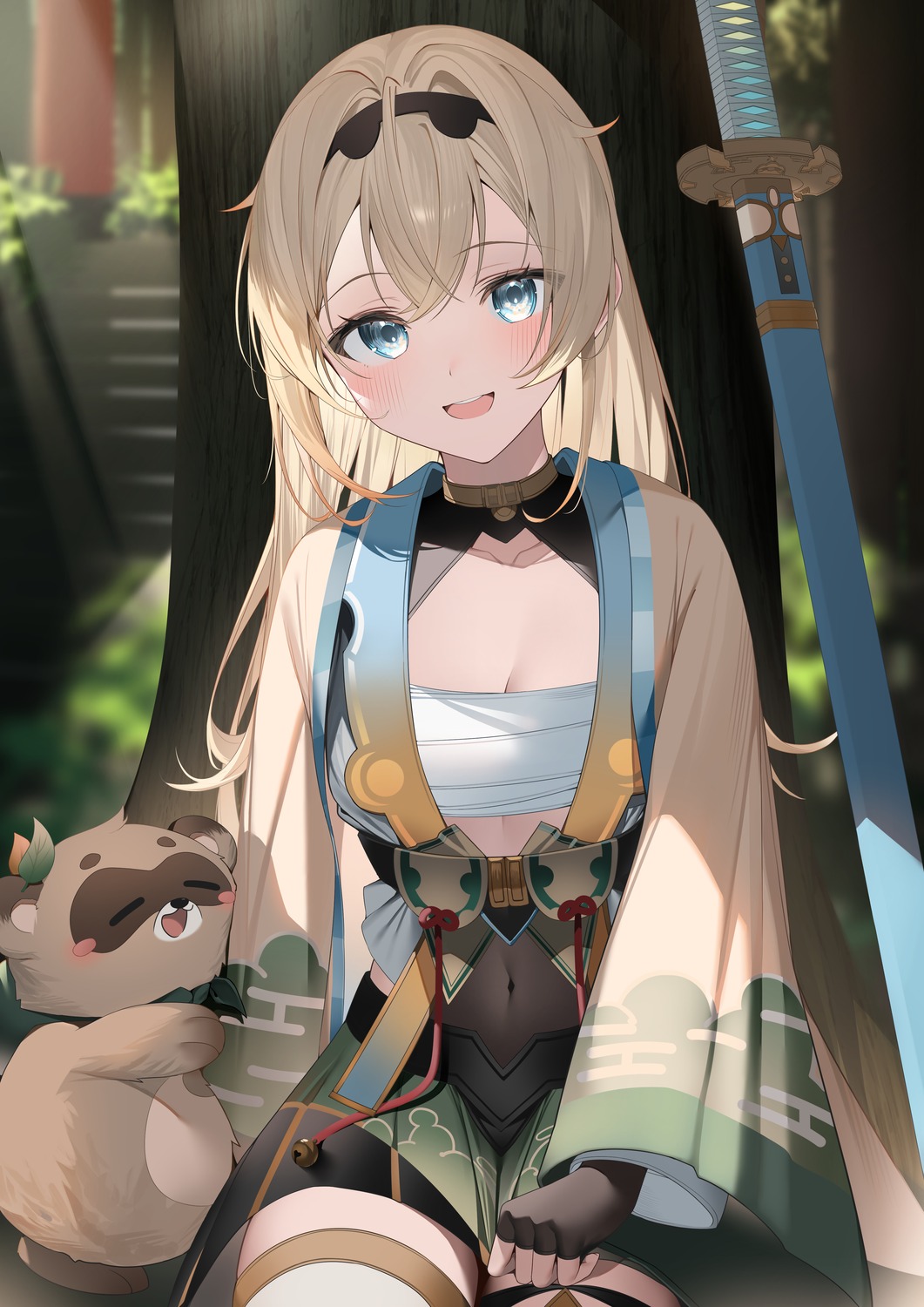 cleavage, hololive, japanese_clothes, kazama_iroha, open_shirt, ryuya, sarashi, sword, thighhighs