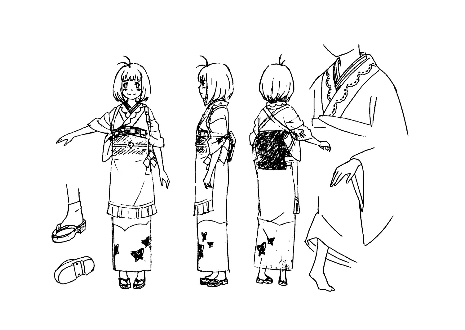 ao_no_exorcist, character_design, kimono, line_art, monochrome, moriyama_shiemi, sasaki_keigo