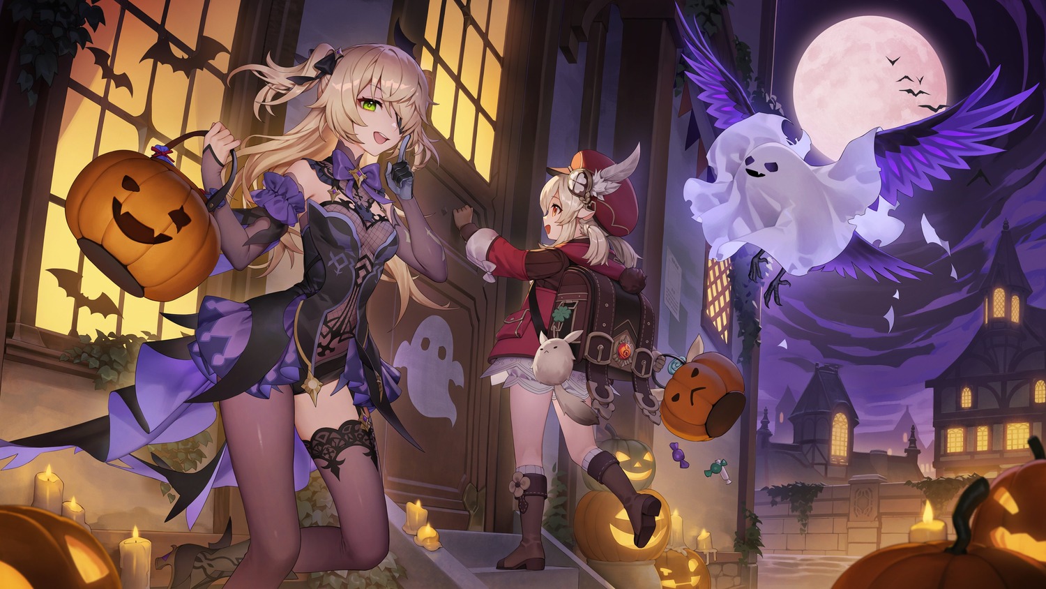 eyepatch, fischl, fishnets, genshin_impact, halloween, klee, no_bra, oz_(genshin_impact)