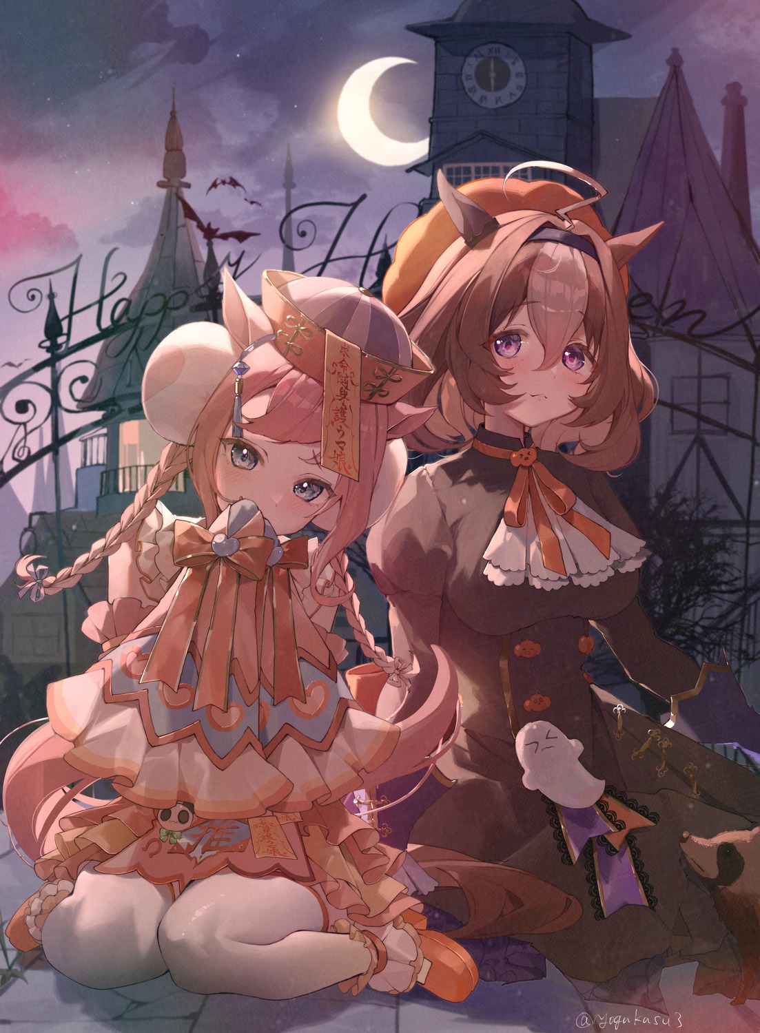 agnes_digital_(umamusume), animal_ears, asian_clothes, dress, halloween, meisho_doto_(umamusume), thighhighs, uma_musume_pretty_derby
