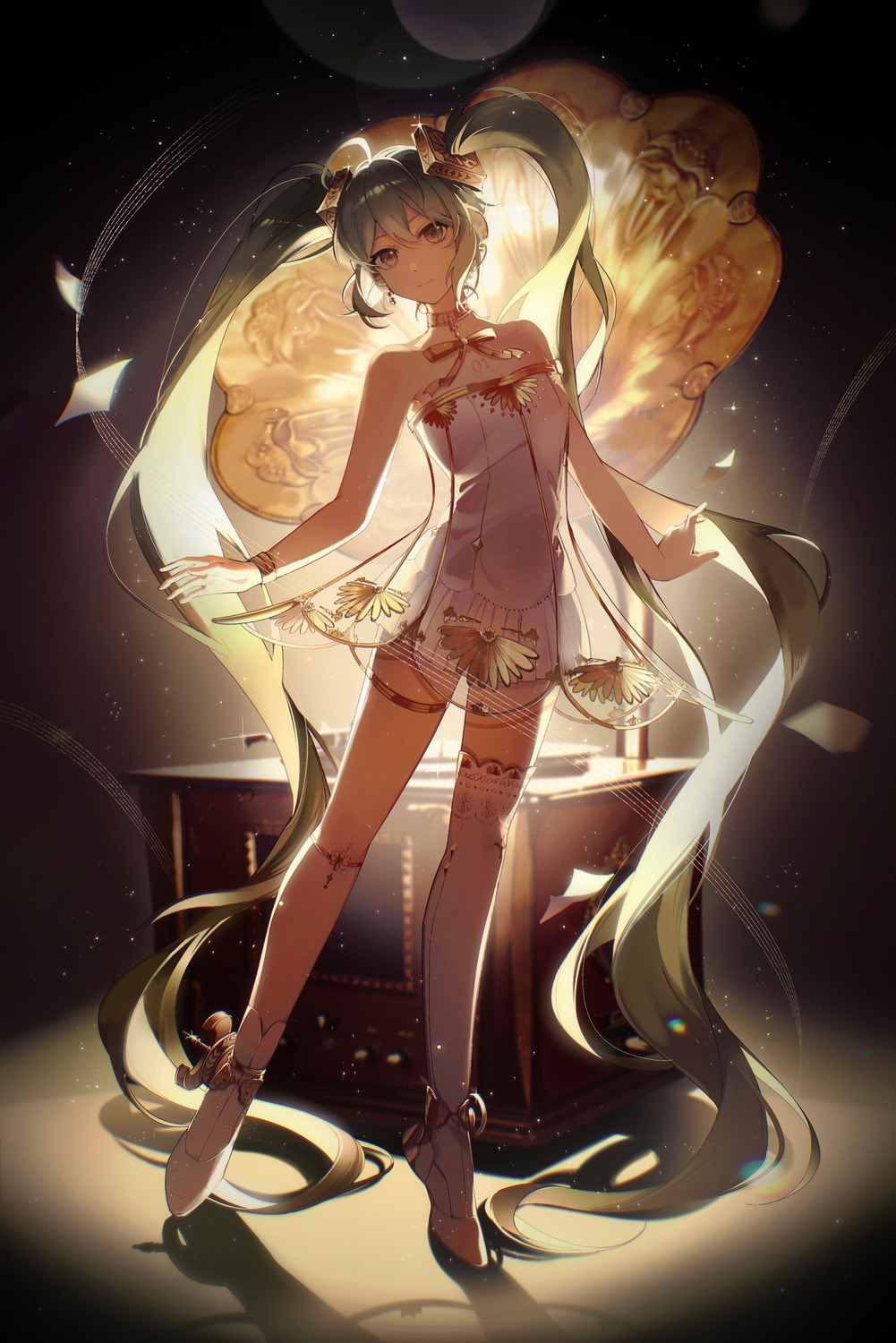 dress, garter, gramophone_miku, hatsune_miku, hatsune_miku_symphony, kanvien, no_bra, see_through