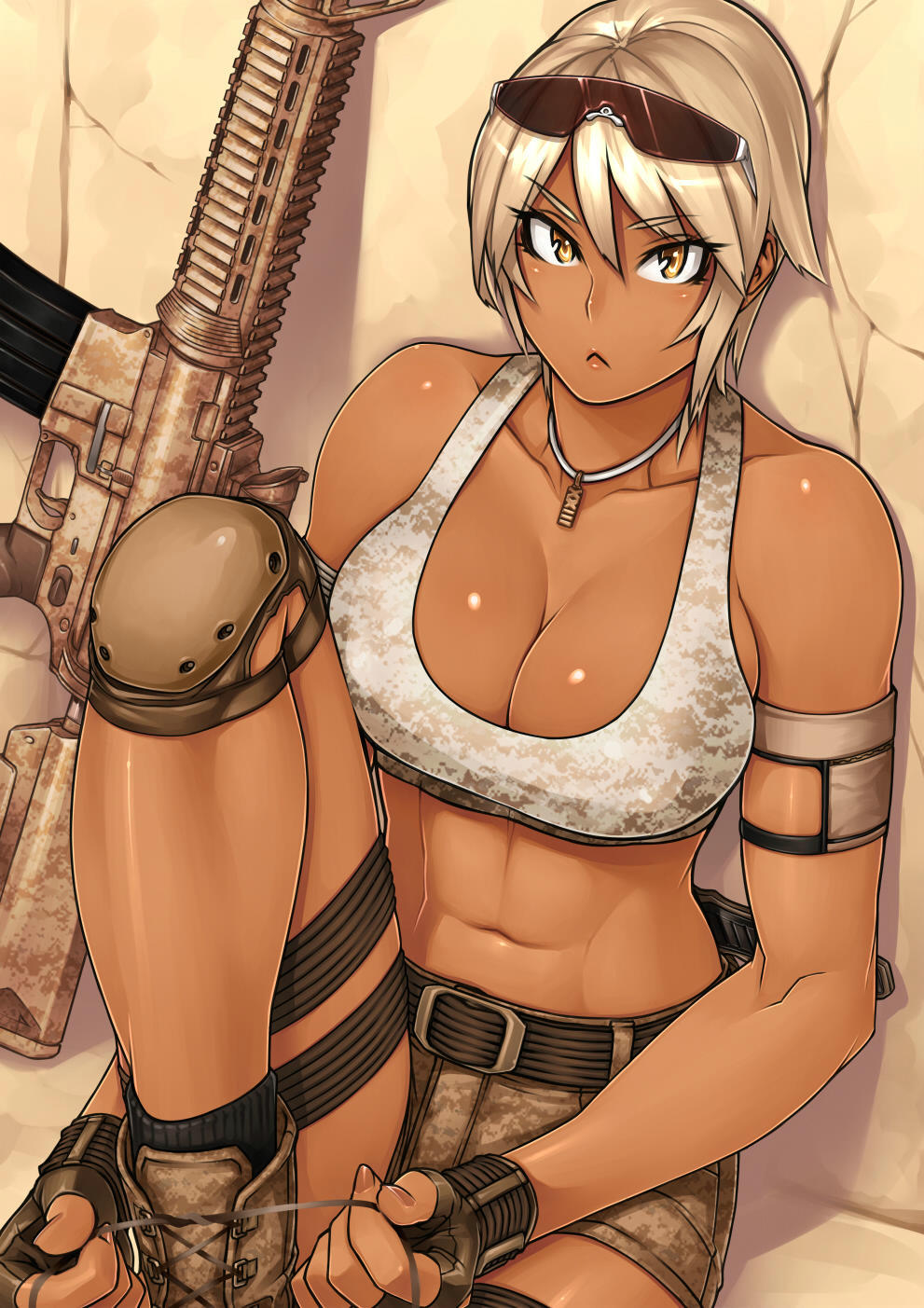 23, cleavage, compression_artifacts, gun