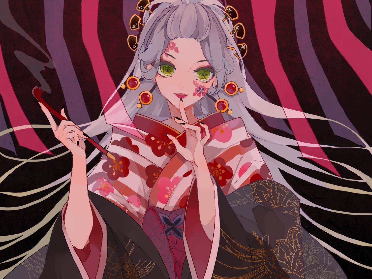 a-k-a-mira, daki_(kimetsu_no_yaiba), kimetsu_no_yaiba, kimono, smoking, tattoo