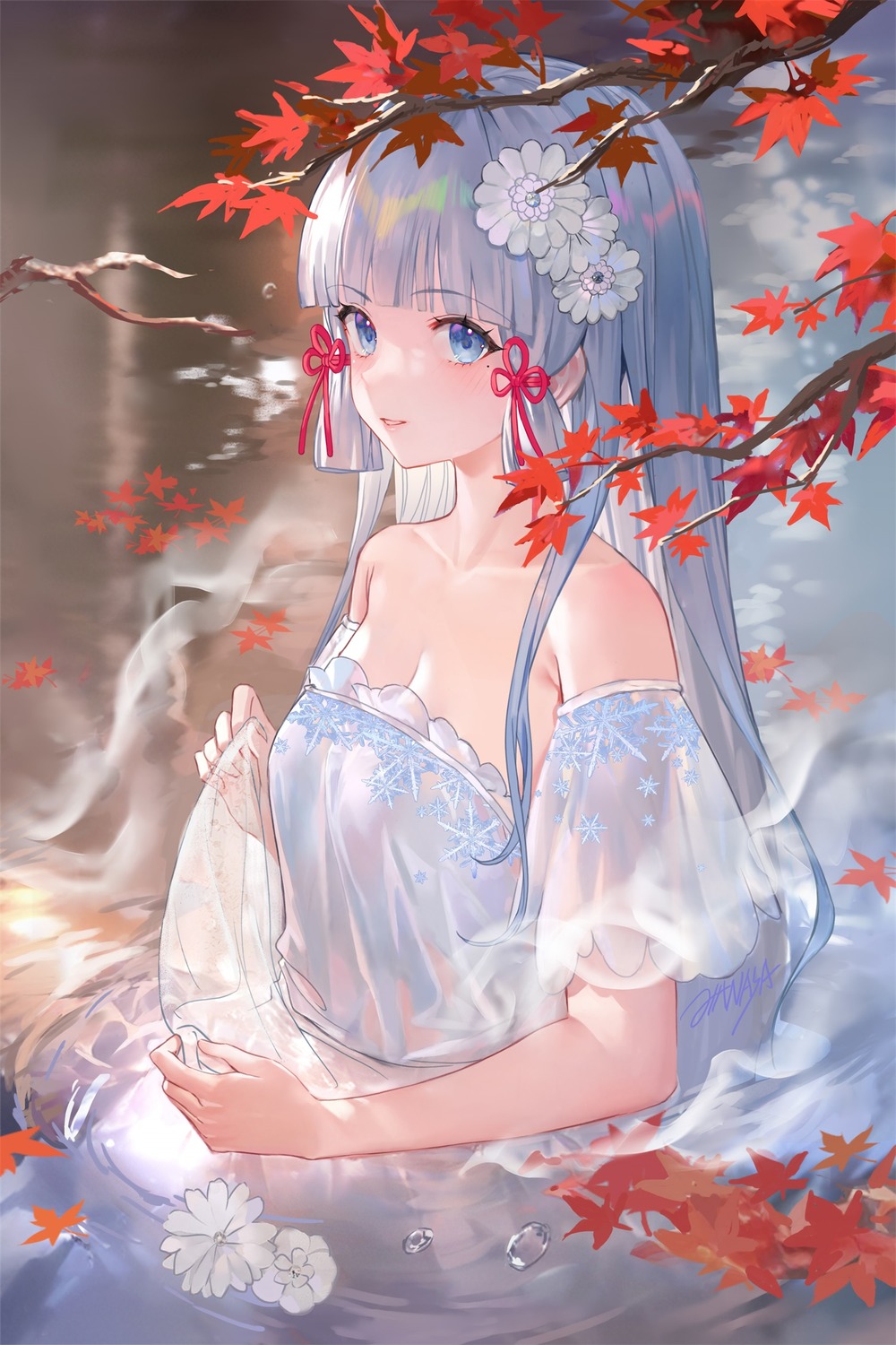 criin, genshin_impact, kamisato_ayaka, no_bra, see_through, wet