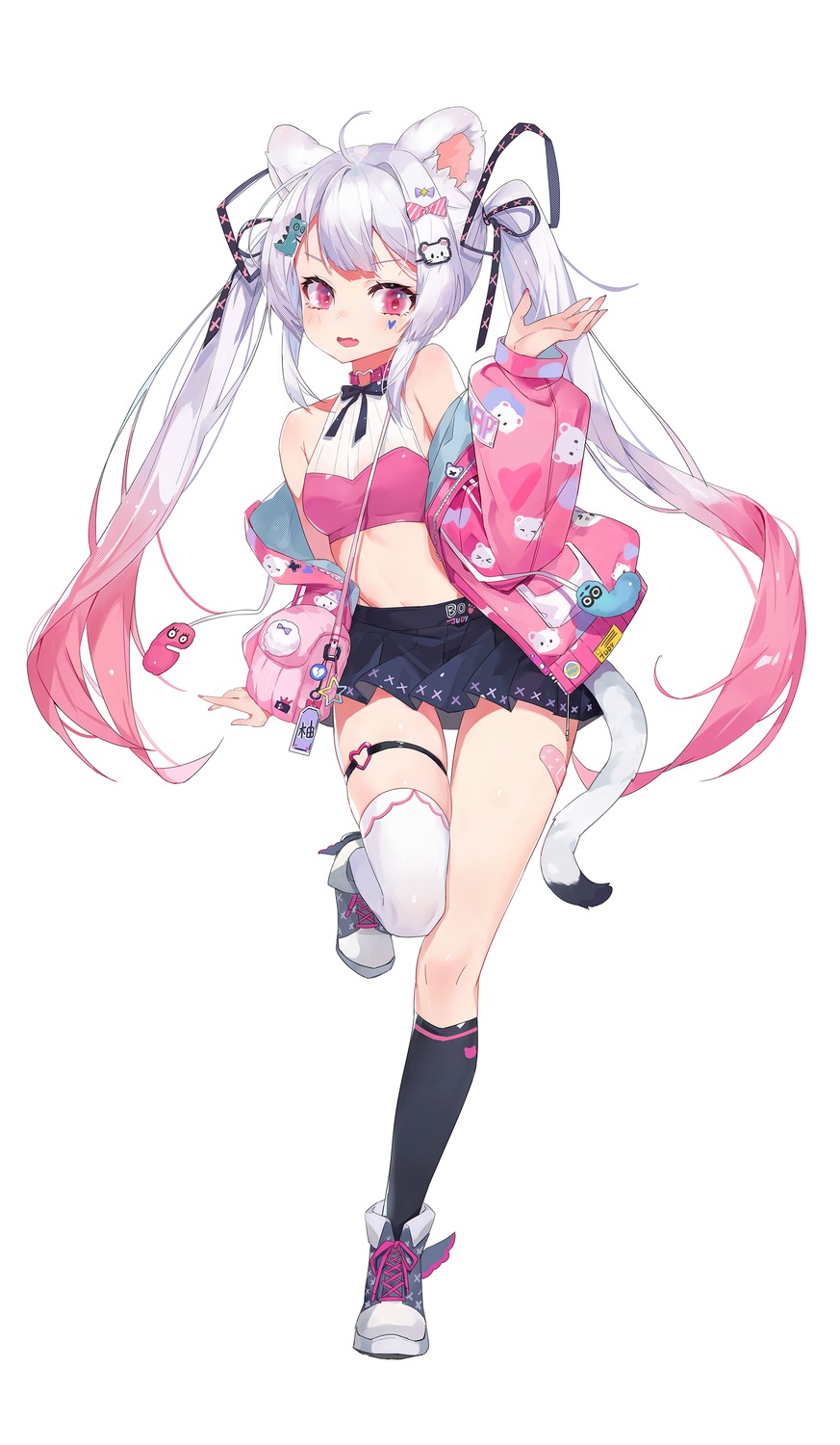 animal_ears, bandaid, garter, jiujiuyatou_(yayanzz), tail, tattoo, thighhighs