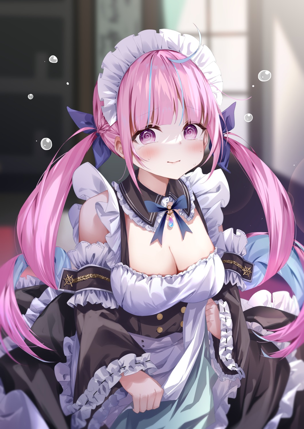 cleavage, hololive, maid, minato_aqua, pola_(1021), skirt_lift