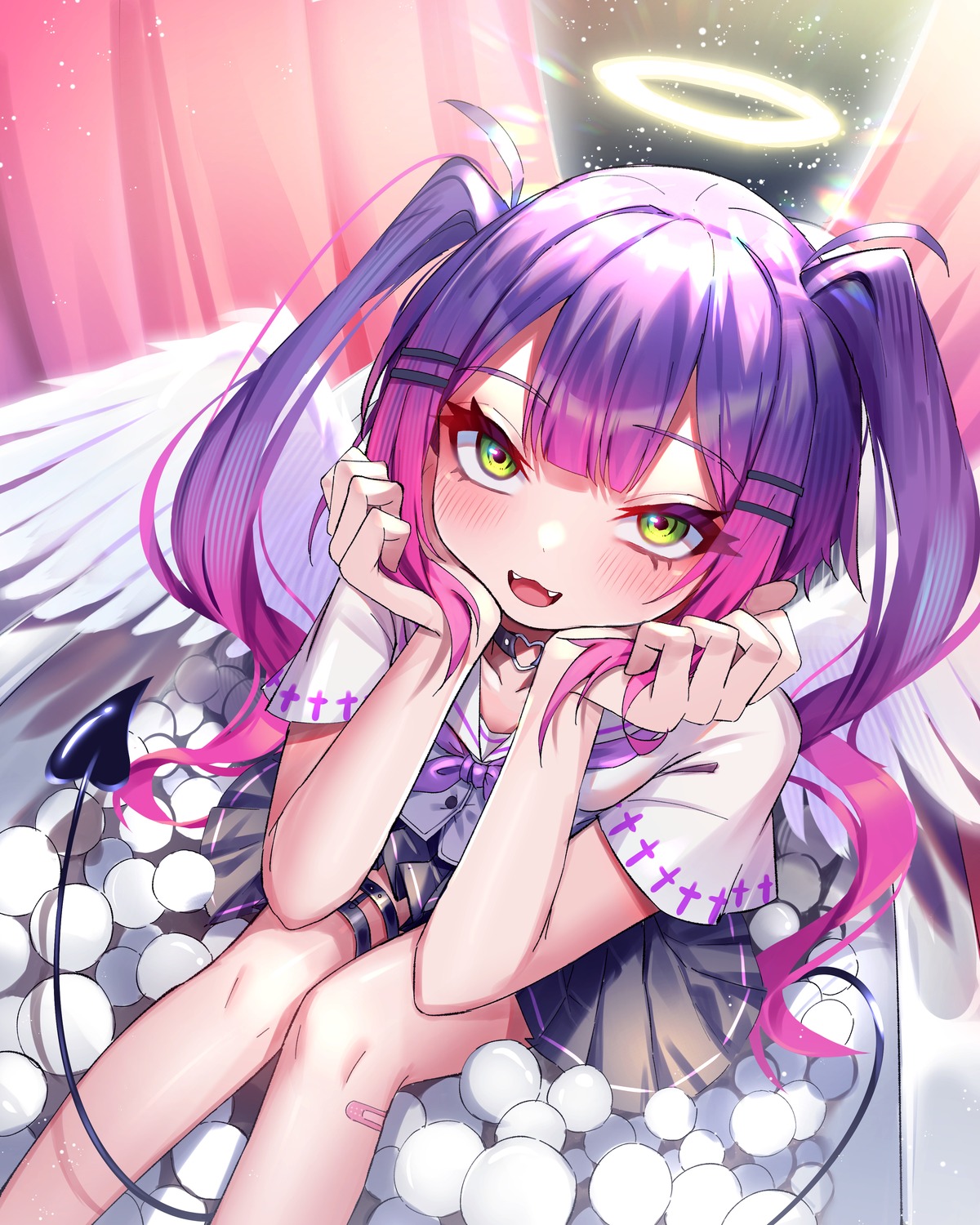 angel, bandaid, bu_leike, garter, hololive, seifuku, tail, tokoyami_towa, wings