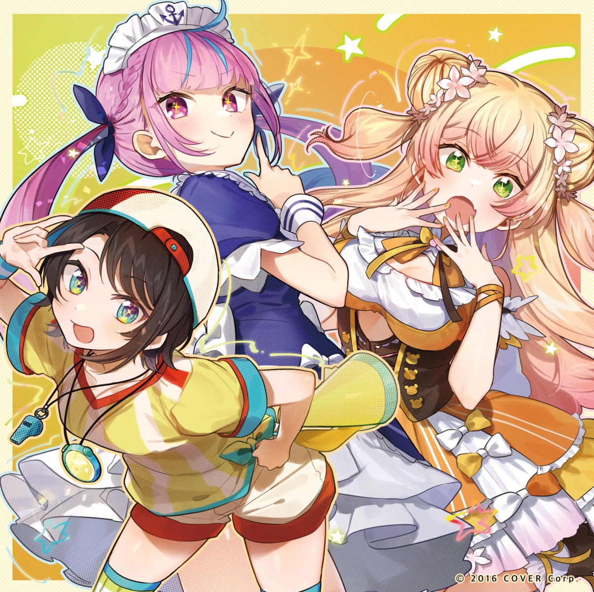 dress, hachisan_(sink916), hololive, maid, minato_aqua, momosuzu_nene, oozora_subaru, thighhighs