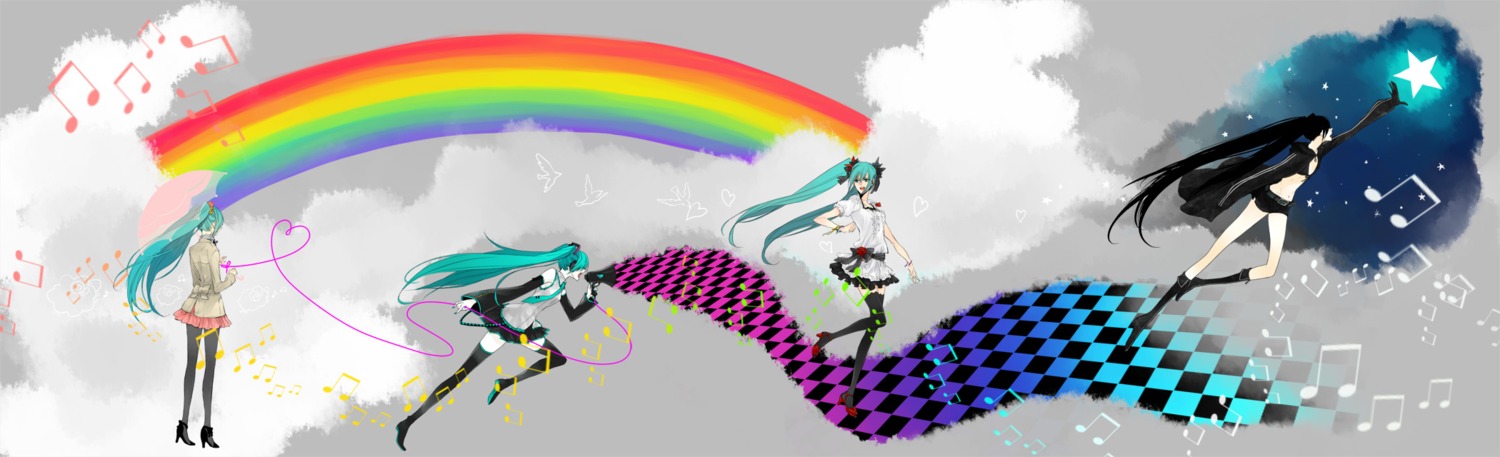 black_rock_shooter, black_rock_shooter_(character), hatsune_miku, katase_waka, koi_wa_sensou_(vocaloid), melt_(vocaloid), pantyhose, thighhighs