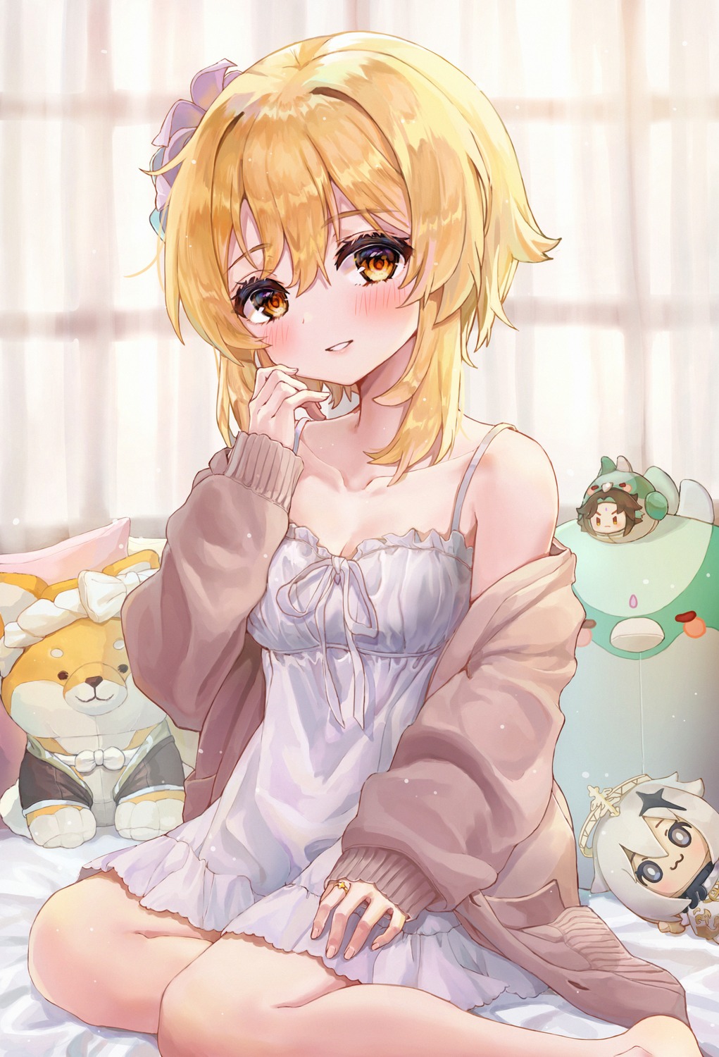 chibi, dress, genshin_impact, hue_oo, lumine, sweater