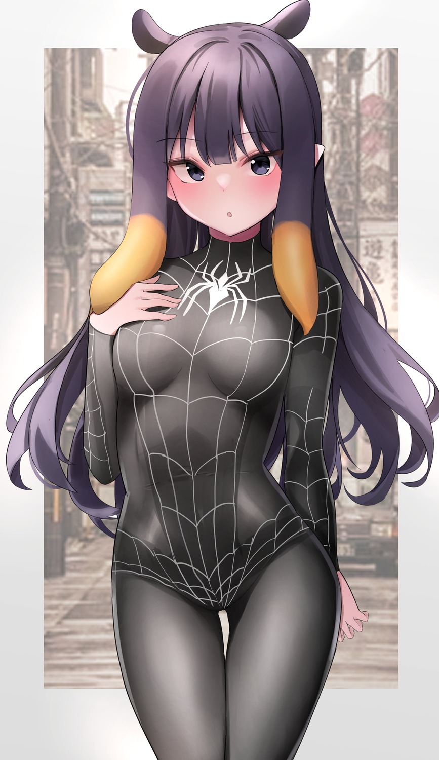animal_ears, bodysuit, cosplay, hololive, hololive_english, kall_(wv0102), marvel, ninomae_ina'nis, pointy_ears, spiderman, spiderman_(character)