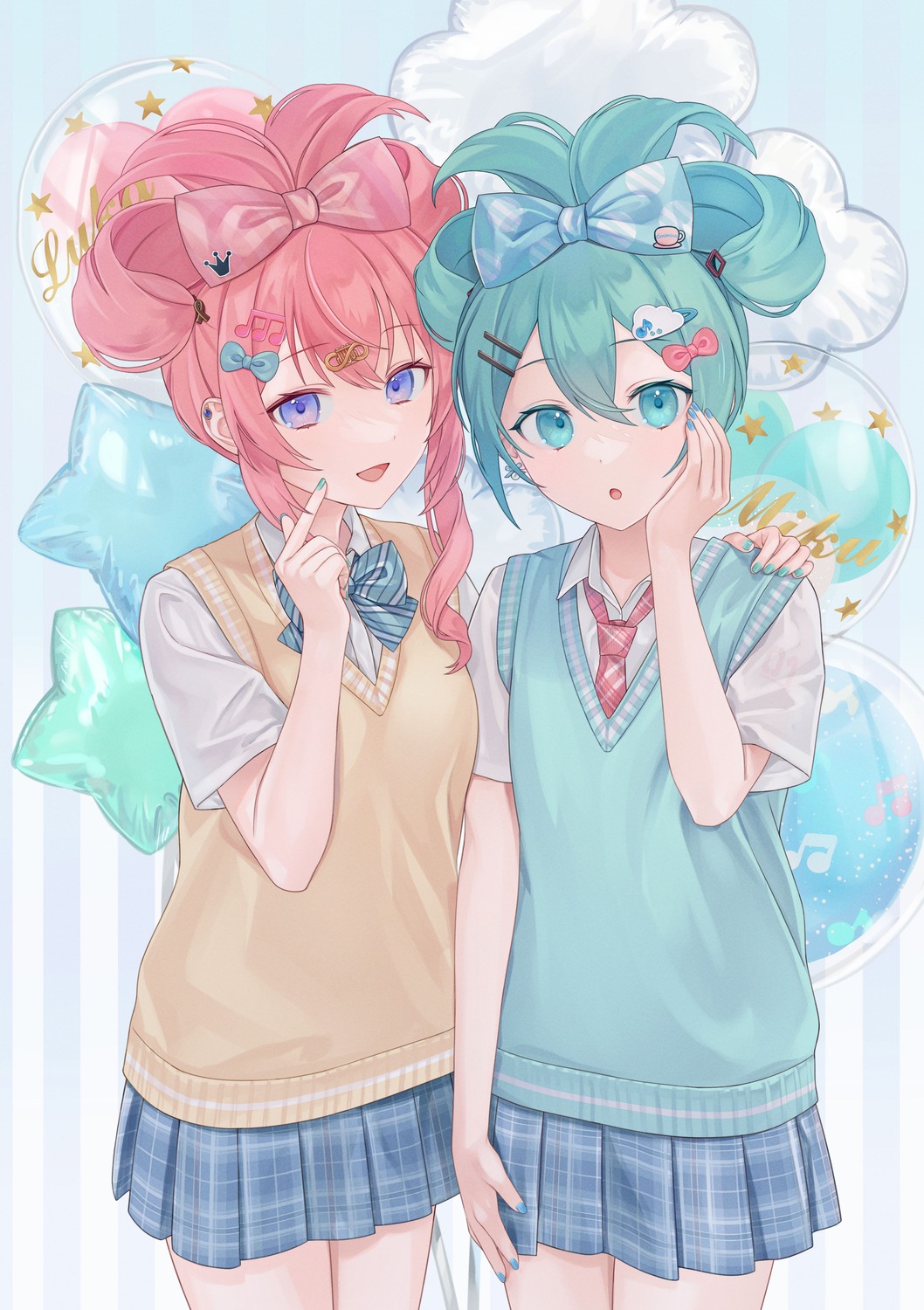 cinnamiku, hatsune_miku, megurine_luka, mell°, seifuku, sweater, vocaloid