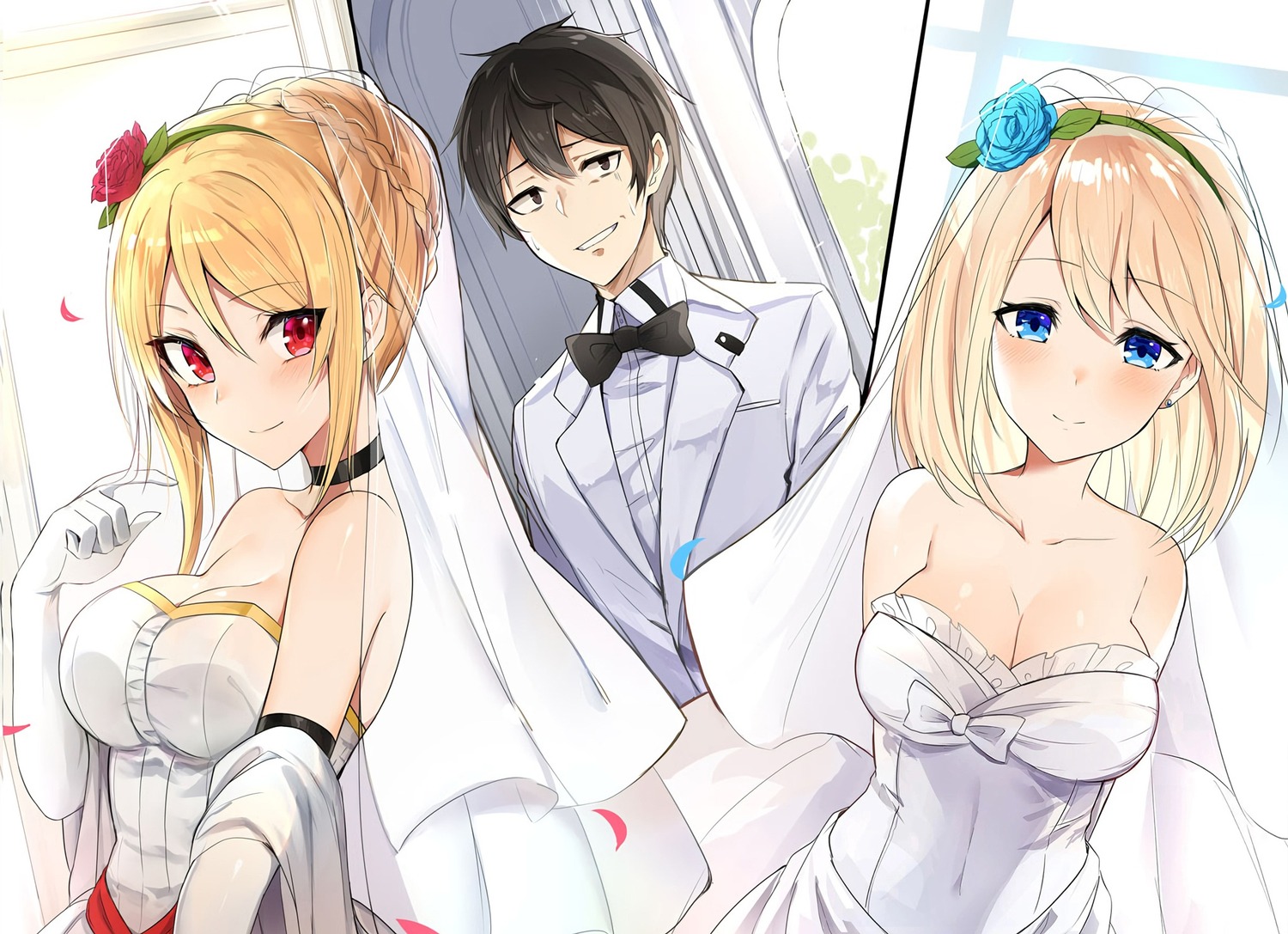 angelica_rapha_redgrave, dress, leon_fou_bartfort, mengda, no_bra, olivia_(mobseka), otome_gee_sekai_wa_mob_ni_kibishii_sekai_desu, wedding_dress